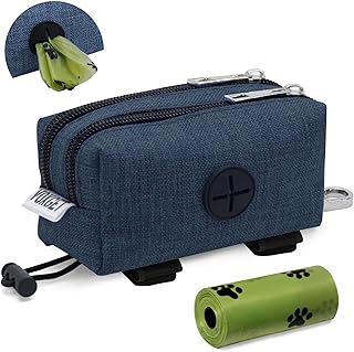 Dog Poop Bag Holder for Leashes, Puppy Treat Pounch Carrier with 2 Zipper Pockets and Clip for Pets Training, Dog Waste Bag Dispenser with 1 Roll Poop Bags for Walking Accessories (Navy Blue)