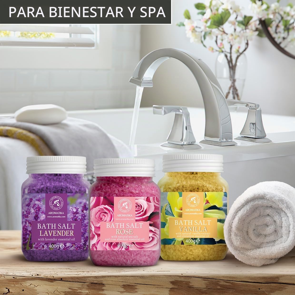 Sales de Baño Set 3x400g con Aceite 100% Natural Lavender - Rosas - Eucalipto - Mejor para Buen Sueño - Alivio del Estrés - Baño - Cuidado Corporal - Bienestar - Belleza - Relajación - Spa