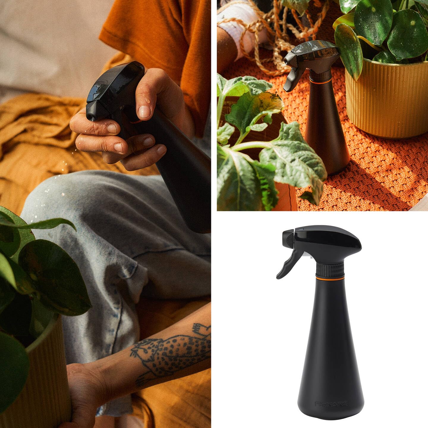 Fiskars Rociador para plantas Botella rociadora de 0,3 litros para regar plantas delicadas y limpiar hojas grandes, Altura: 20,5 cm, Resina, Color: Negro/Naranja, 1071306