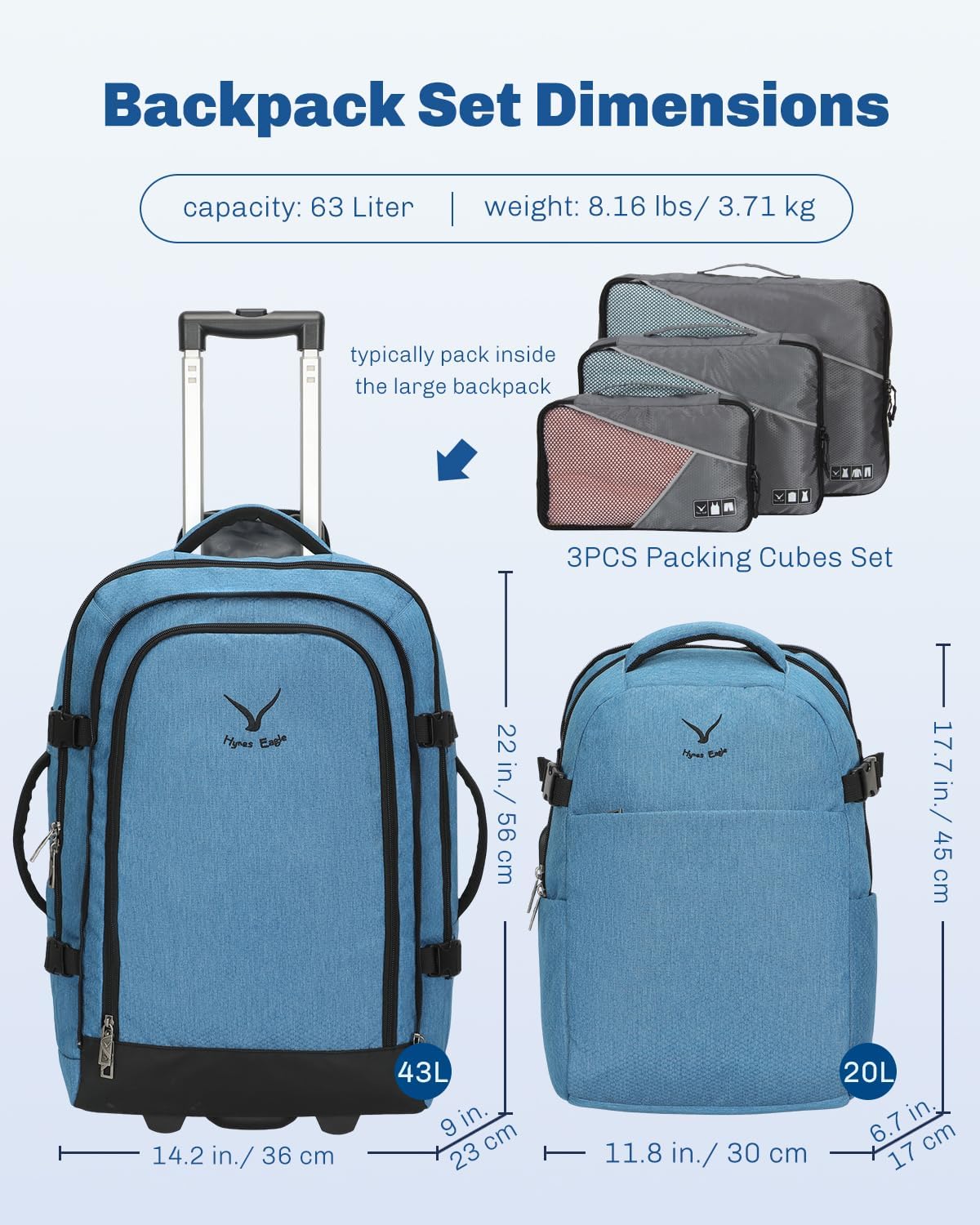 Hynes Eagle 2 in 1 Travel Backpack 22 inches Carry on Luggage 63L Rolling Backpack for Men Women with Packing Cubes 3PCS Set - Image 2