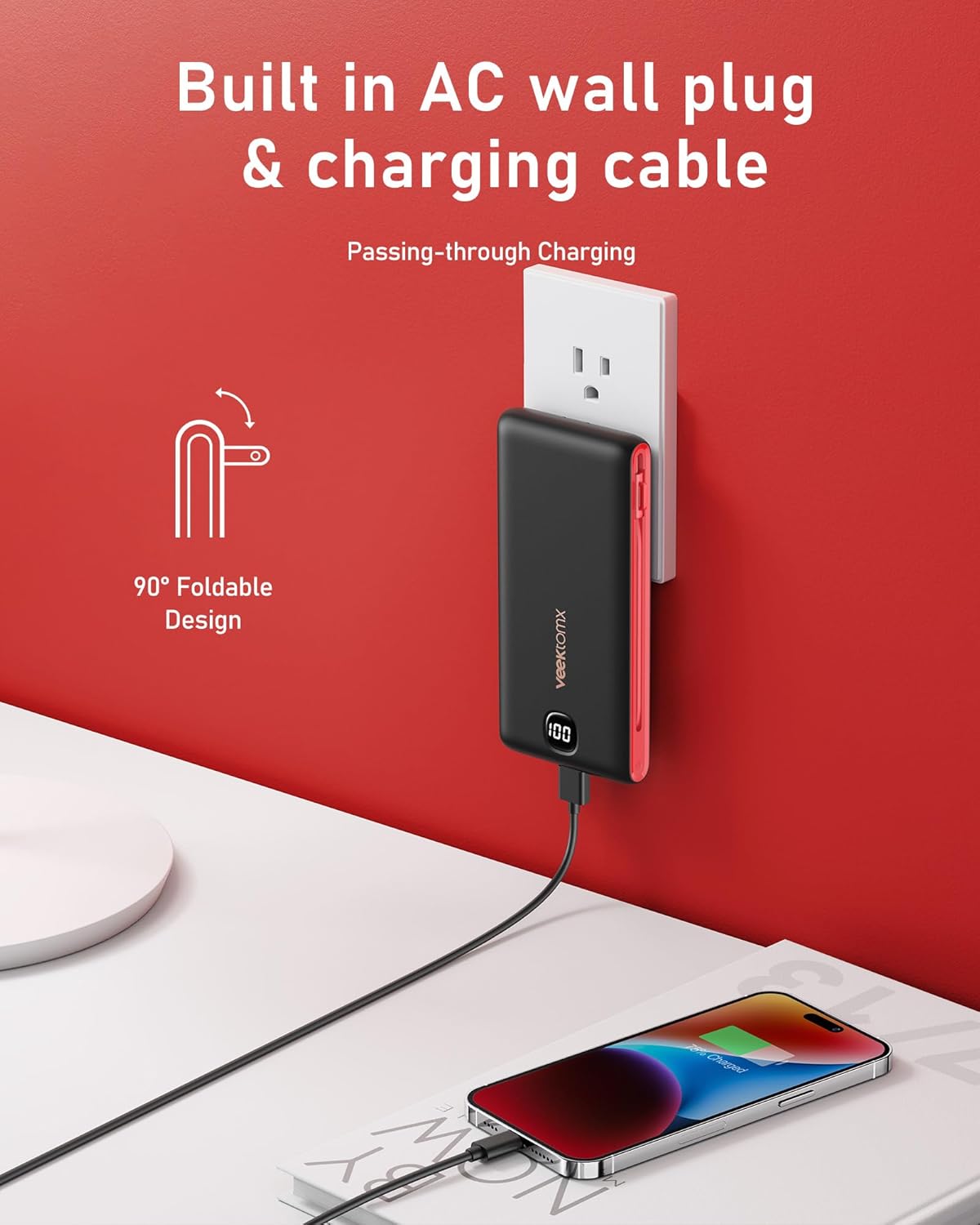 VEEKTOMX Portable Charger with Built in Cables 10000mAh, Power Bank for iPhone with AC Wall Plug, Fast Charging USB C Slim Battery Pack with LED Display Compatible with iPhone 17/16/15/14, Samsung - Image 3