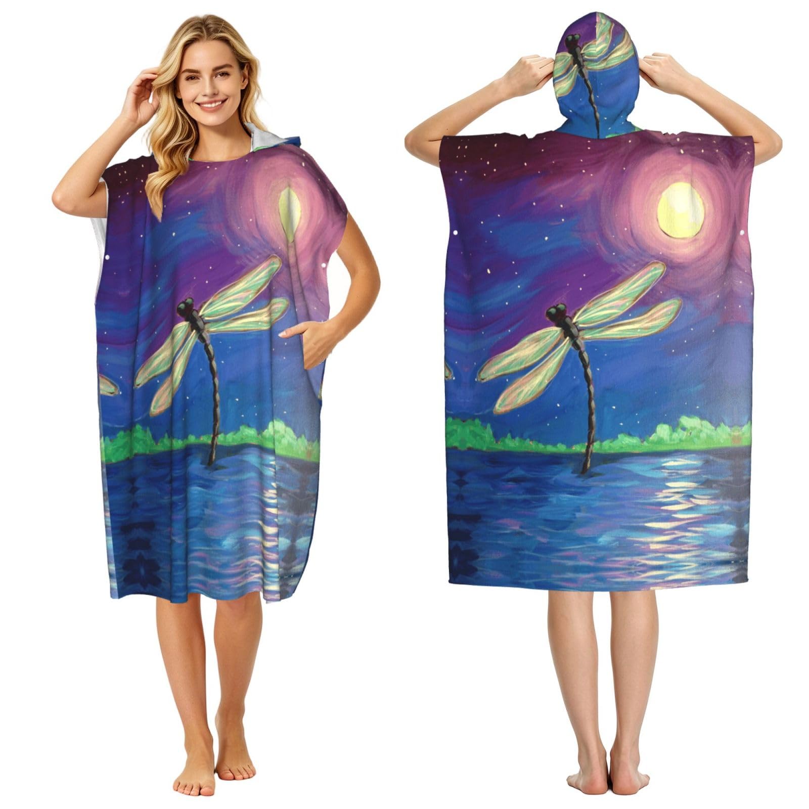 ESNAIUVCD Dragonfly Painting Print Changing Robe, Hooded Towel Poncho For Swimming Pool, Beach,Quick Dry Light Weight Towelling Poncho