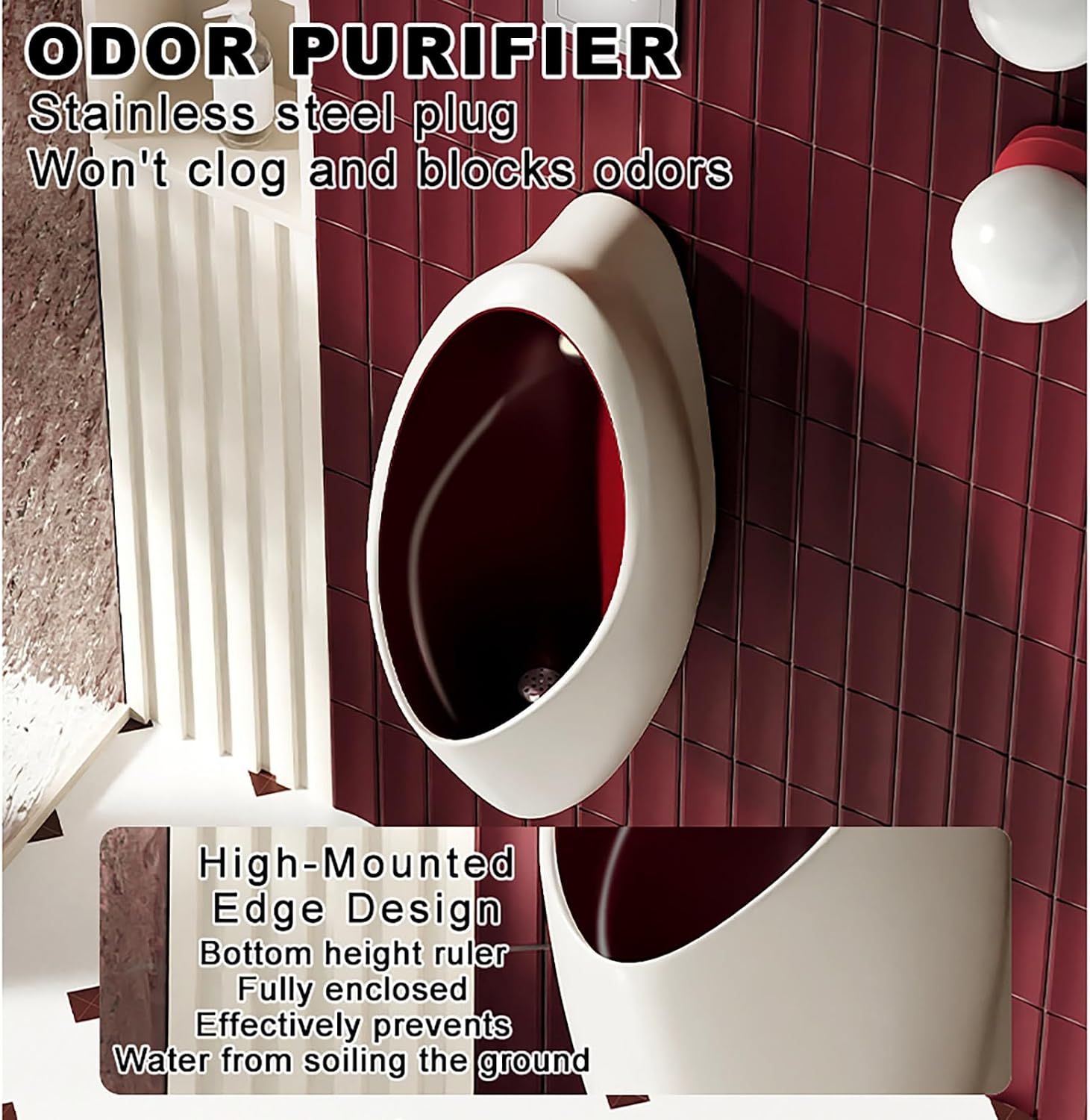 Wall Mounted Men's Adult Urinal,Urinals for Men Spill Proof,with Sensor Flush Valve,for Bathrooms Hotels Shopping Home.(22x33x65cm/8.66x13x25.59in)
