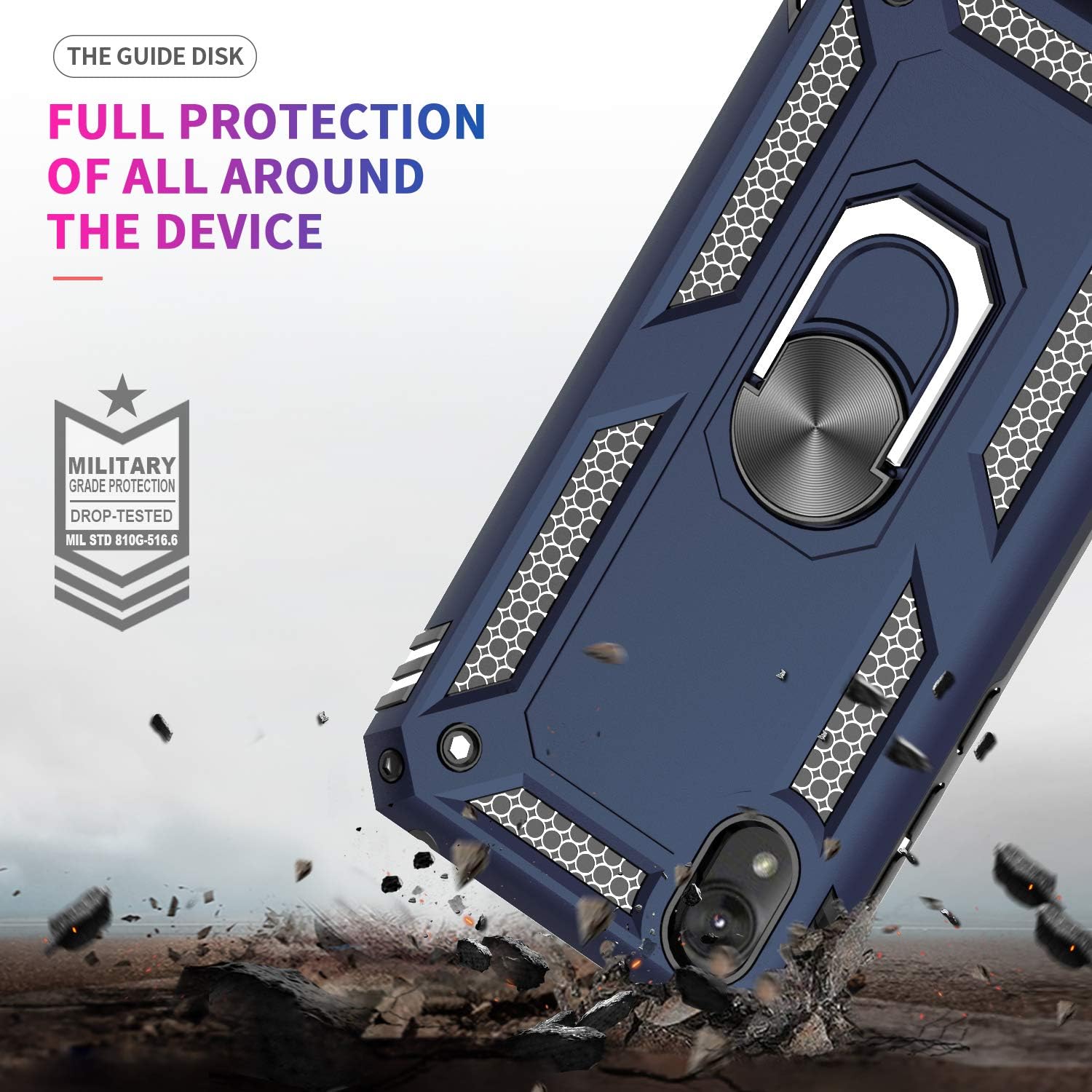 LeYi for Moto E6 Case with [2 Pack] Tempered Glass Screen Protector, [Military-Grade] Defender Protective Phone Case with Magnetic Car Ring Holder Mount Kickstand for Moto E6, JSFS Blue