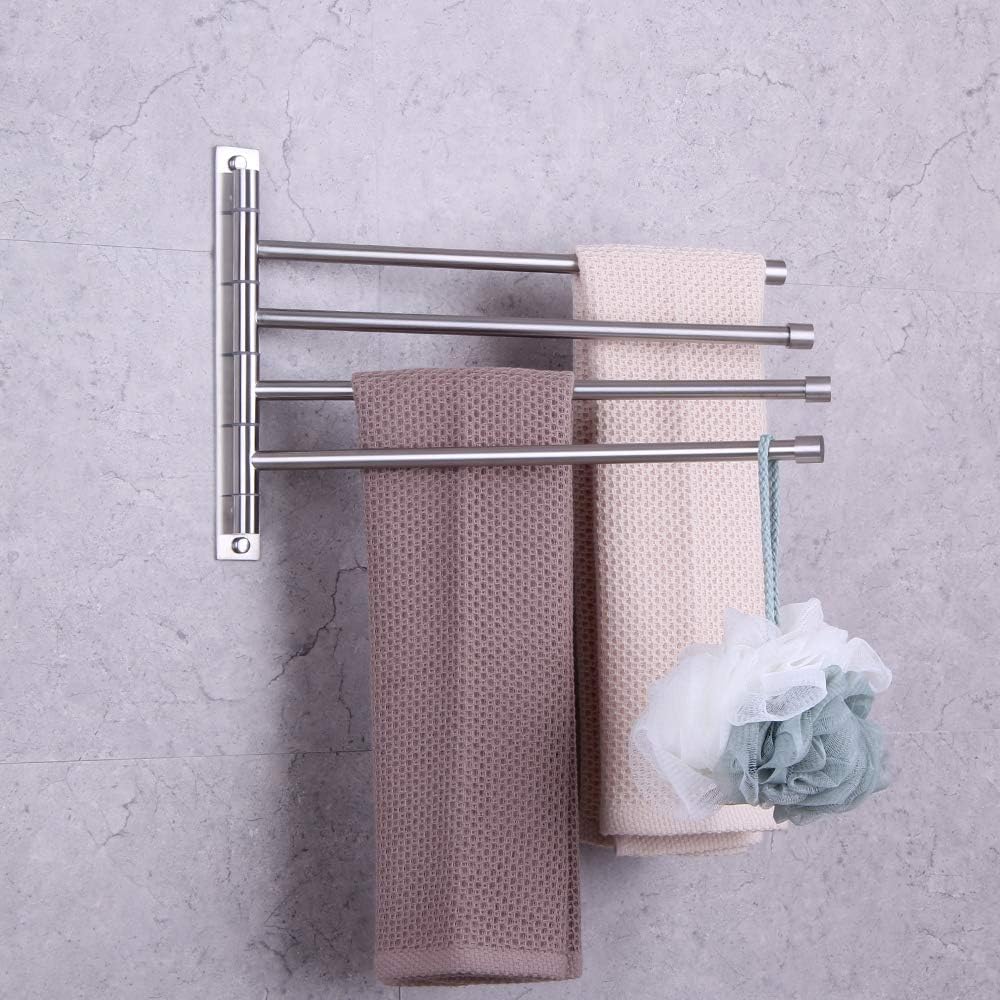 GERZWY Swivel Towel Bar SUS 304 Stainless Steel 4-Arm Bathroom Swing Hanger Towel Rack Holder Storage Organizer Space Saving Wall Mount Brushed Finish HYG04-LS