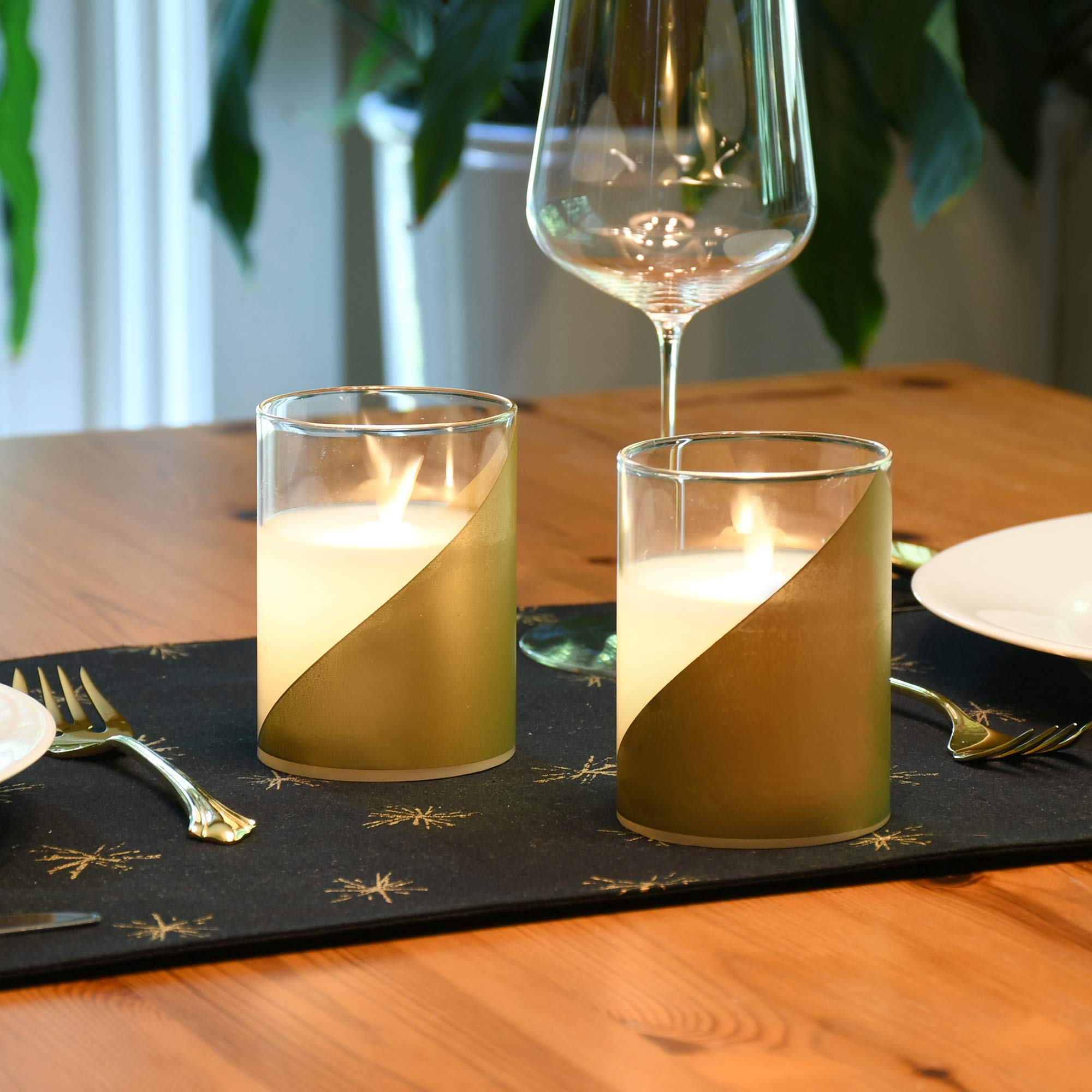 LumaBase Battery Operated LED Glass Candles with Flickering Flame, Gold Accent - Set of 2
