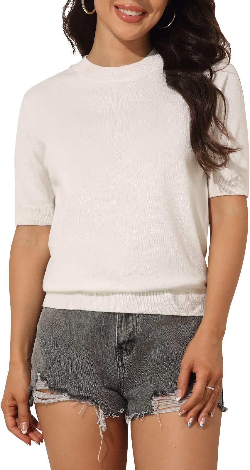 RocoroseWomen's Short Sleeve Sweater Tops Summer Lightweight Crew Neck Pullover Knit Blouses