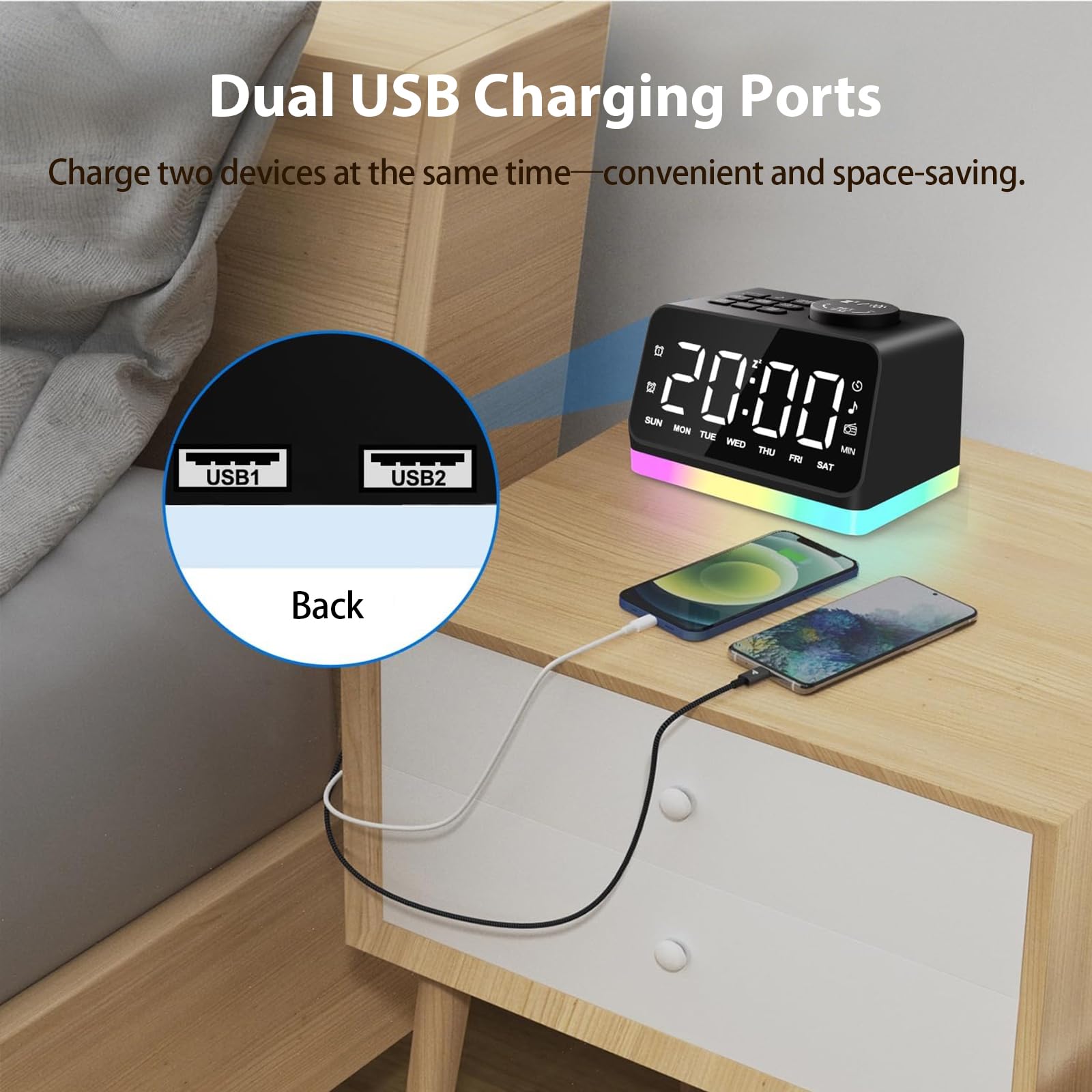 Digitaler Radiowecker für das Schlafzimmer – 8-farbiges Nachtlicht (0-100% dimmbar), Doppelalarm mit 7 Wecktönen, flexibler Schlaf-Timer (10-480 Min), 2 USB-Ladeanschlüsse, zuverlässiger Netzbetrieb