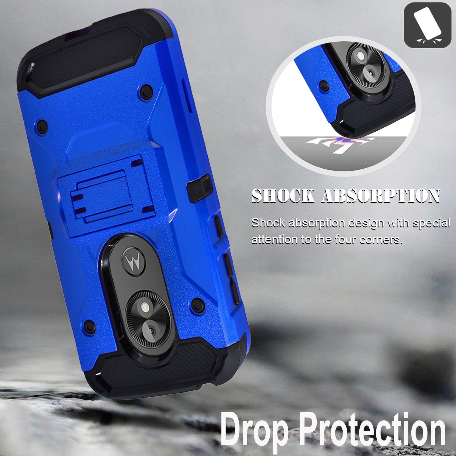 STARSHOP Compatible with Moto E5 Play Case, Moto E5 Go Case, with [Tempered Glass Screen Protector] Full Cover Heavy Duty Dual Layers Phone Cover with Kickstand and Locking Belt Clip-Blue