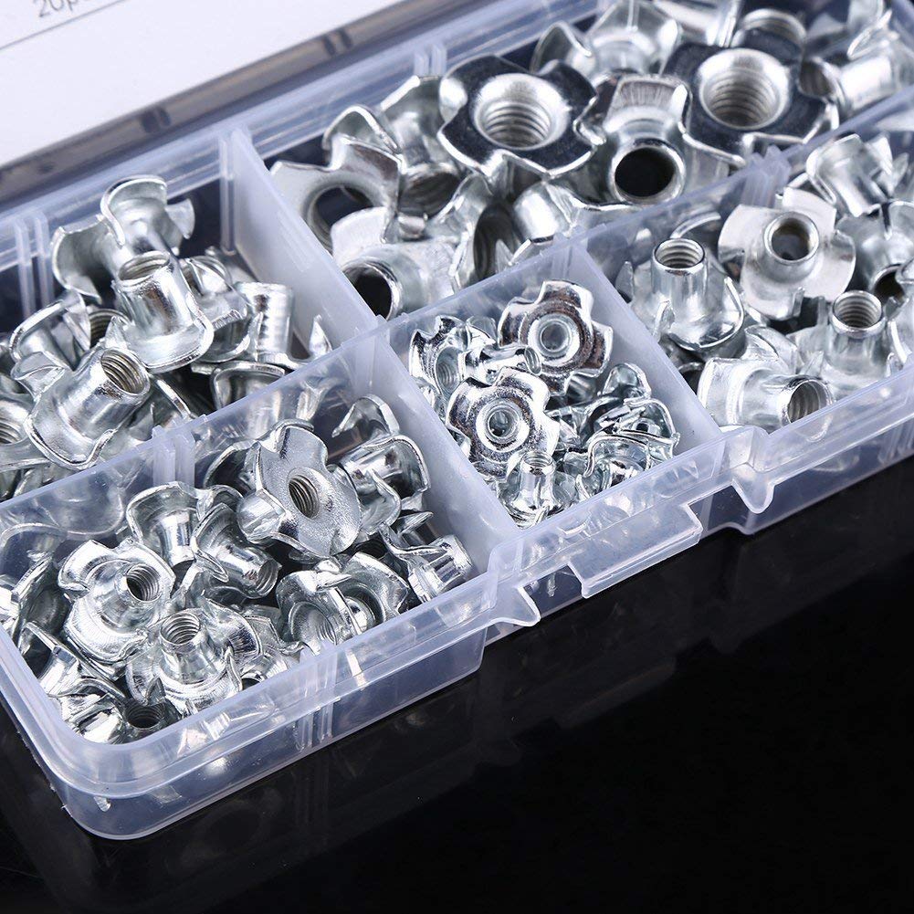 90pcs Nut Zinc Plated Carbon Steel T Nuts Four Pronged Blind Inserts for Wood Furniture Rock Climbing Holds M3/M4/M5/M6/M8