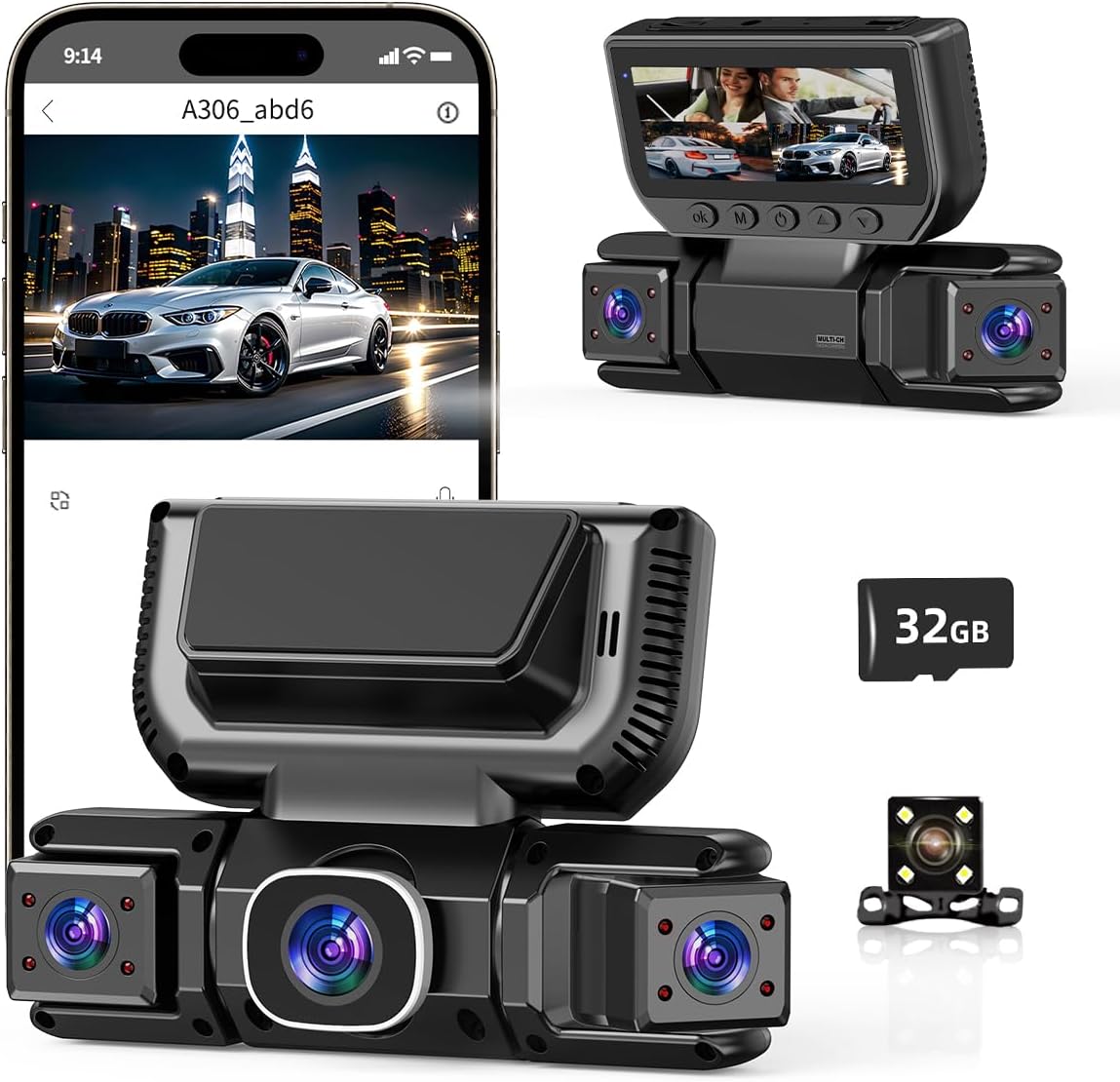 4 Channel Dash Cam 360 View, 1080P Dash Cam Front Rear and Inside with 5GHz WiFi & App Control, 170Wide Angle Camera for Car, Loop Recording, Night Vision, G-Sensor, Parking Mode, Included 32GB Card