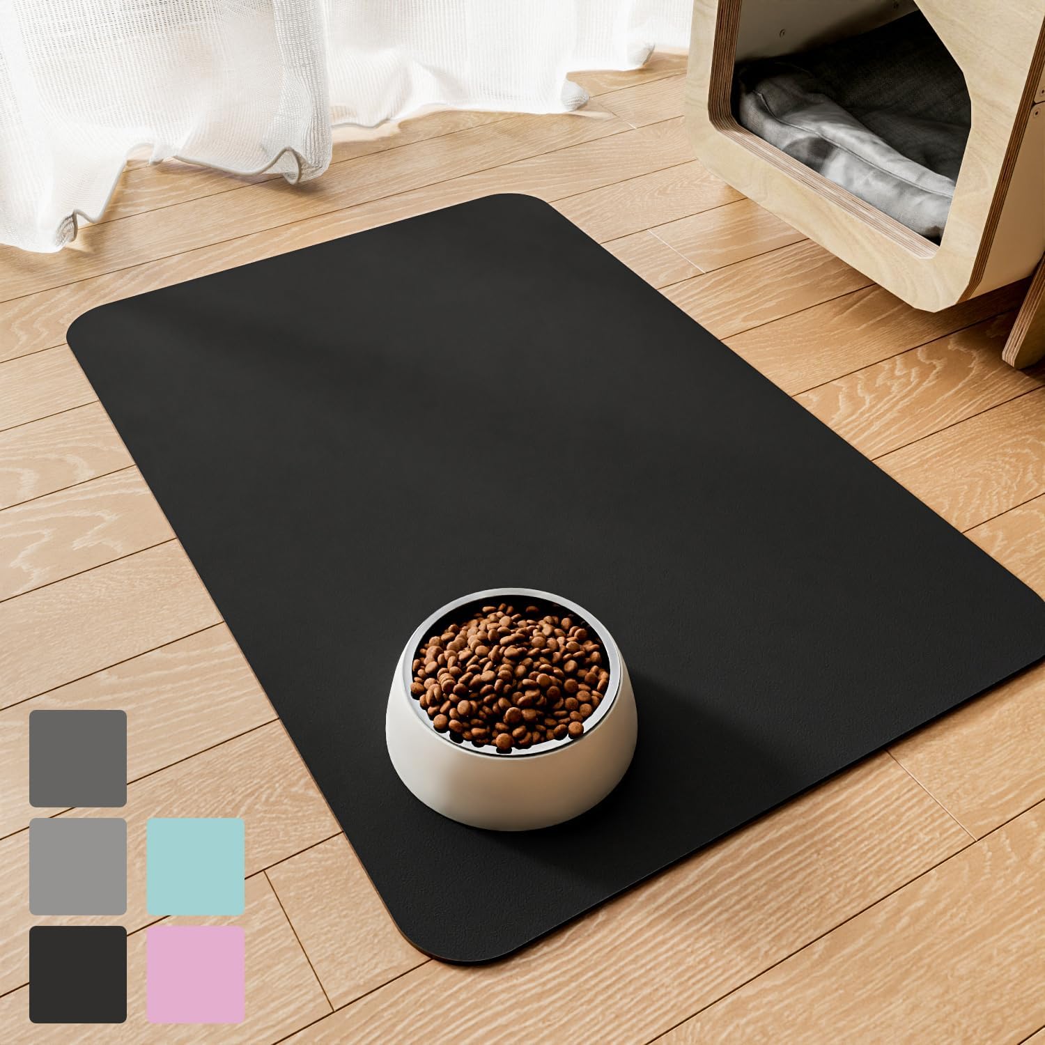 JUCFHY Pet Feeding Mat-Absorbent Cat & Dog Food Mat-No Stains Easy Clean Dog Mat for Food and Water-Quick Dry Dog Bowl Mat Dog Accessories-Dog Water Matt for Sloppy Drinkers,Black,24″x16″