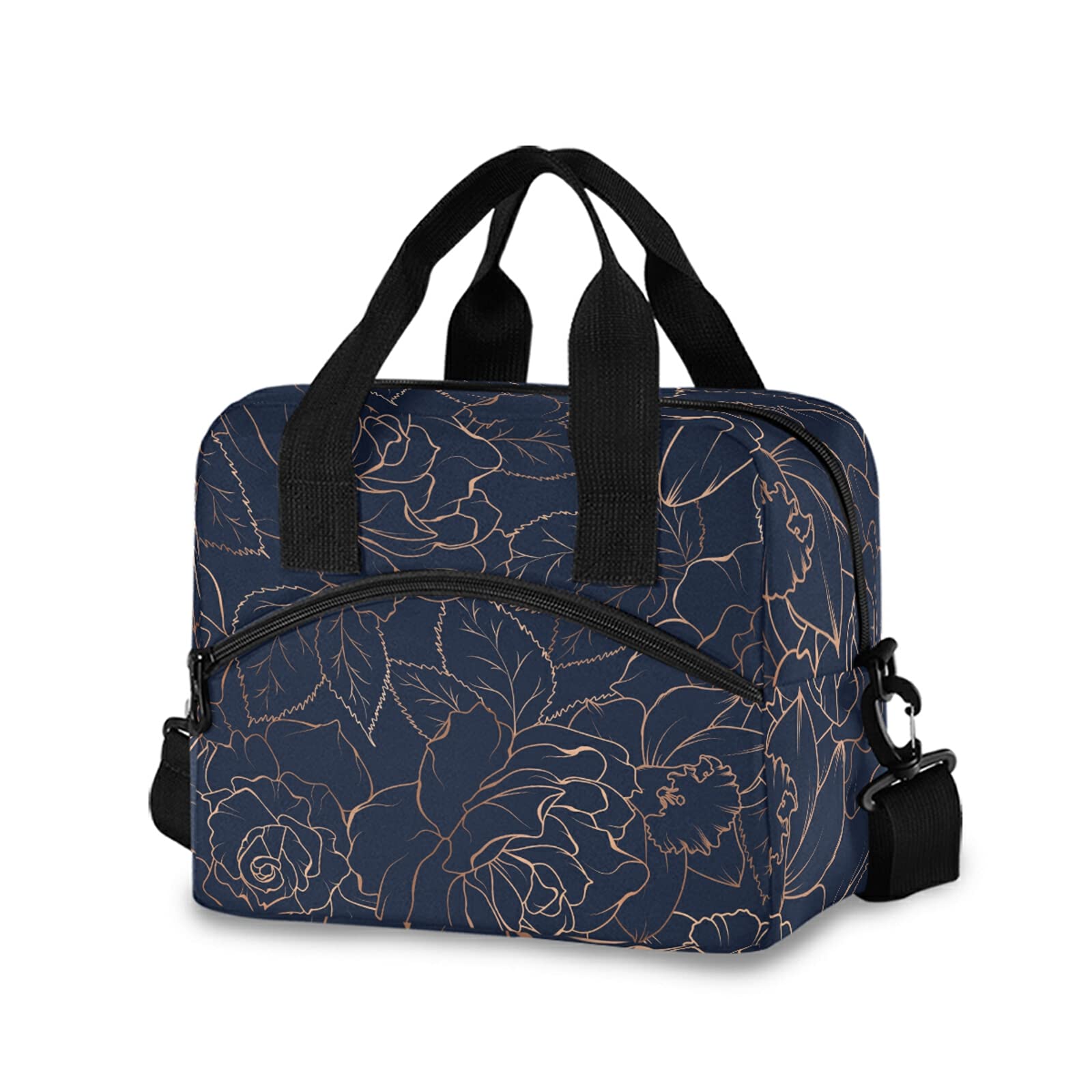 Copper-gold Shiny Outline Rose Peony Flowers Leaves on Dark Navy Blue Leakproof Crossbody Insulated Lunch Bag, Cooler Reusable Lunch Box Lunch Bag Tote with Adjustable Shoulder Strap for Travel Work