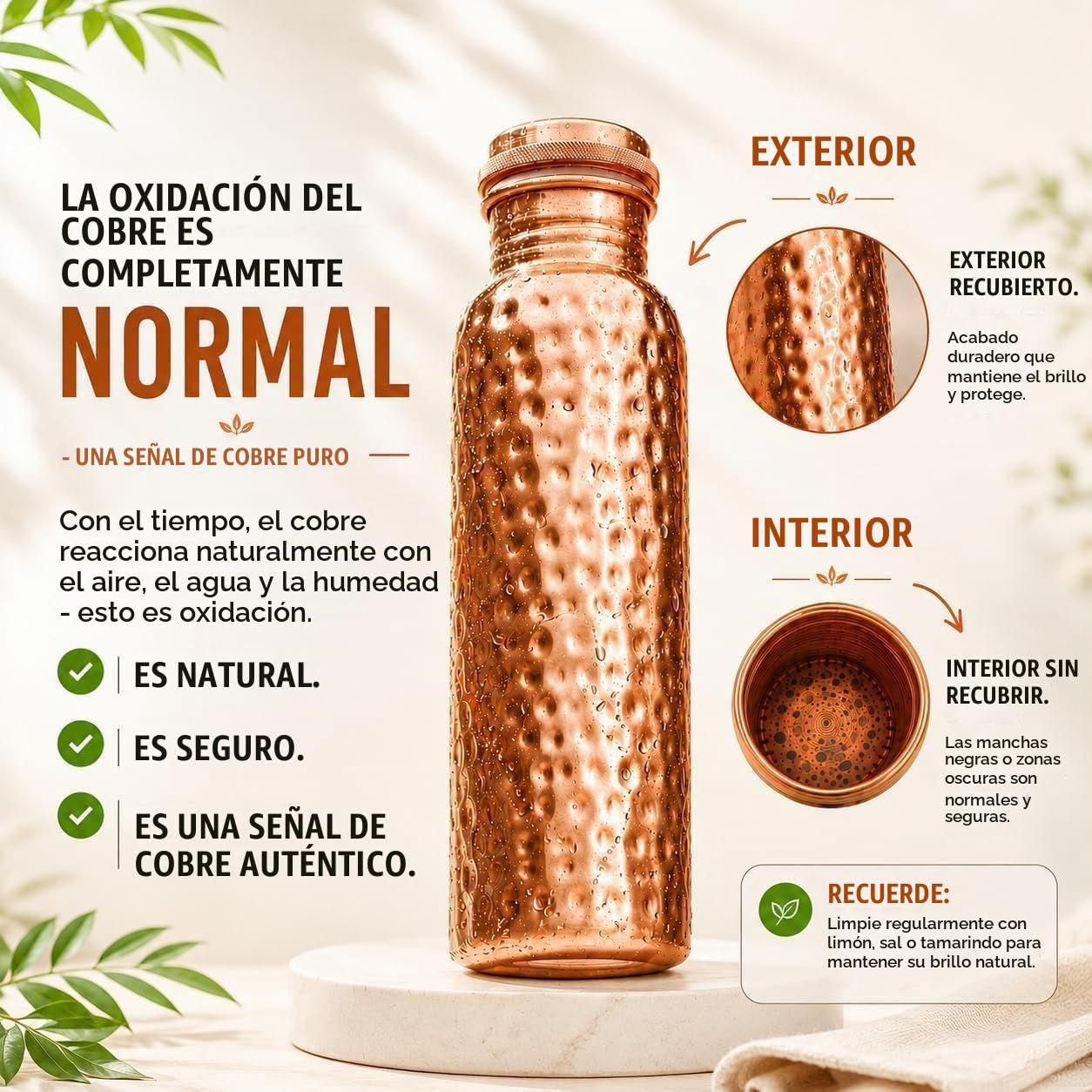 Bold & Divine Botella de agua martillada de cobre puro de 32 onzas para beber, beneficios ayurvédicos para la salud, recipiente de agua de cobre hecho a mano, diseño a prueba de fugas, sin óxido