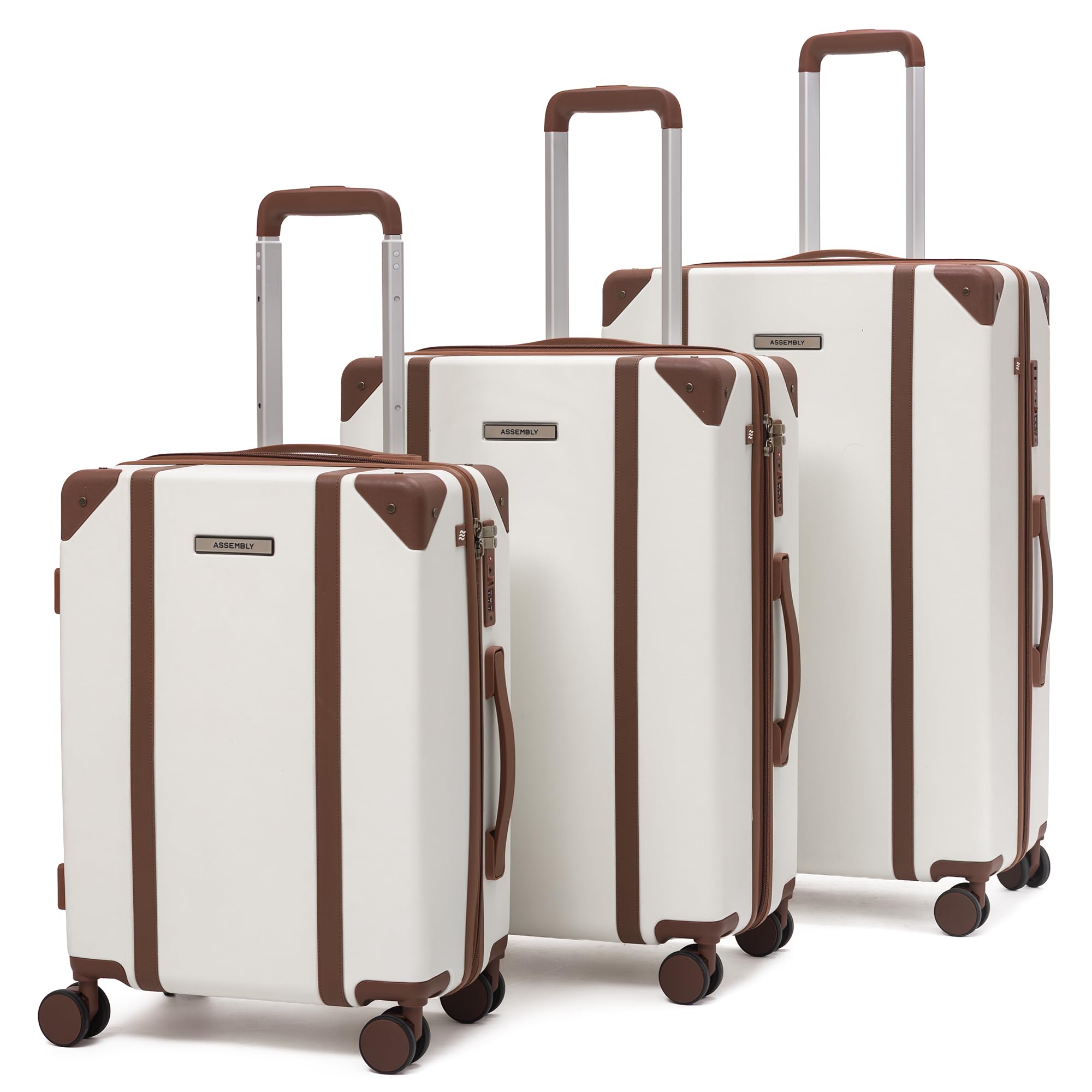 Assembly Vintage Hard Luggage Set of 3 Trolley Bags (20 + 24 + 28 Inch), Polycarbonate Classic-Inspired Luggage Set, TSA Lock, Silent 8 Spinner Wheels, Hard Shell Travel Suitcase Set of 3 White