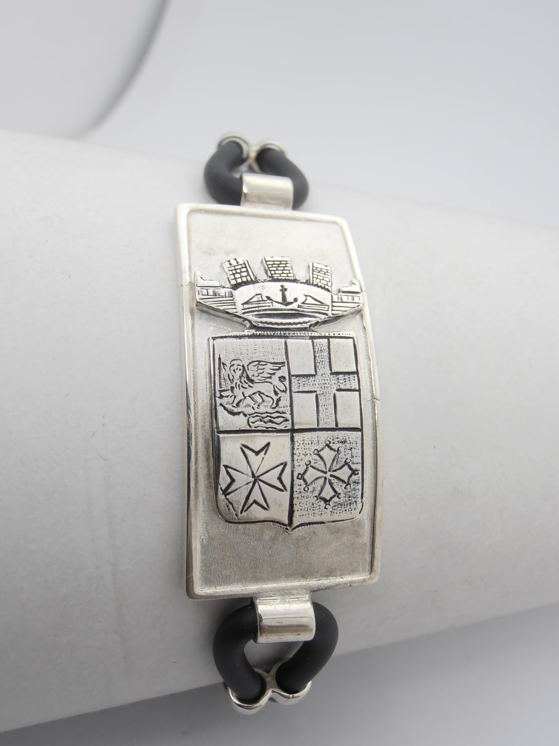 Marina Militare Italiana : Braccialetto in Argento 925 e Caucciù - Bracciale con lo Stemma - Fregio - Simbolo - Marinaio