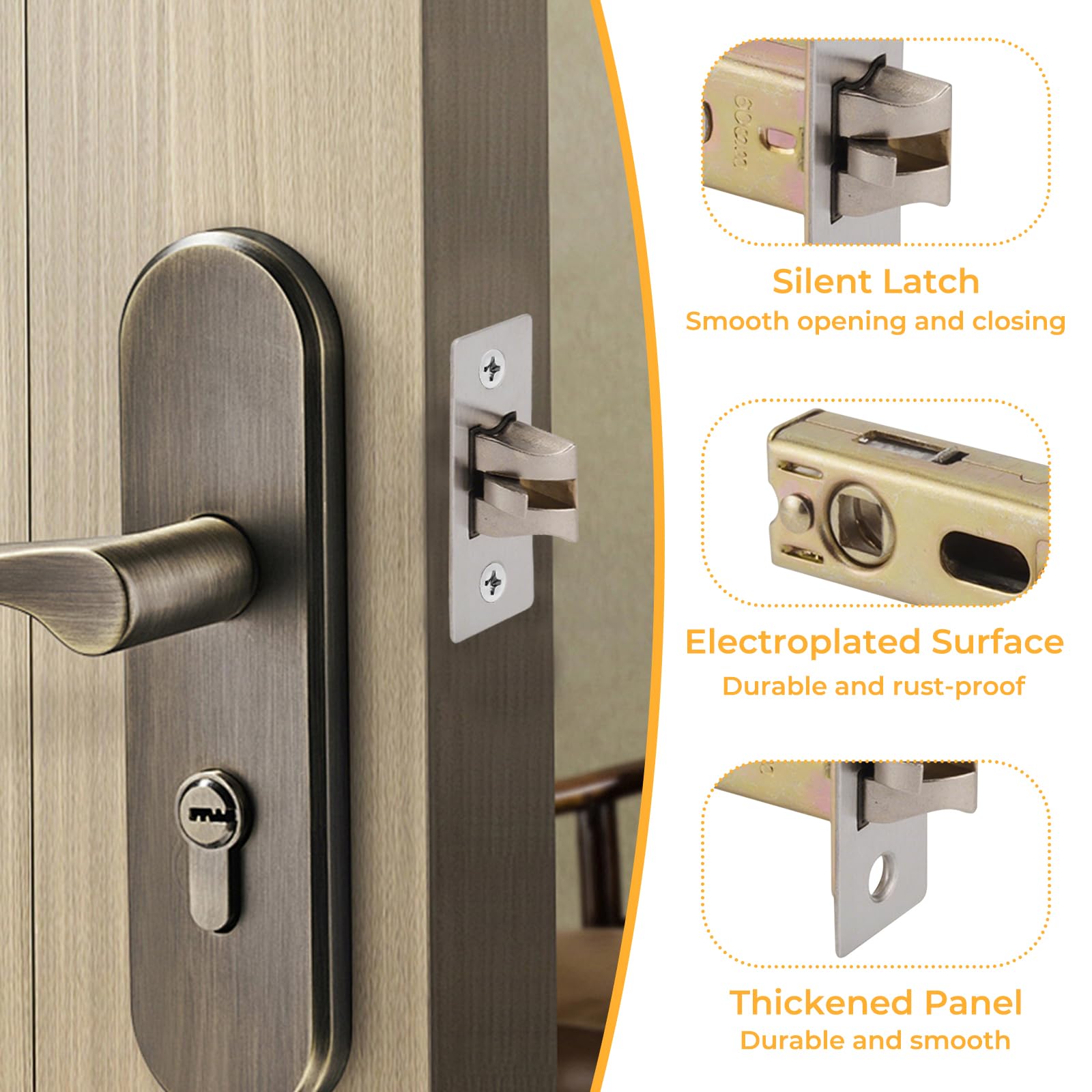 Hsrag 60mm Tubular Mortice Latch, T-60 Anti-Pick Lock Latch, Stainless Steel for Internal Door Latch Bathroom Door Handles - Image 3