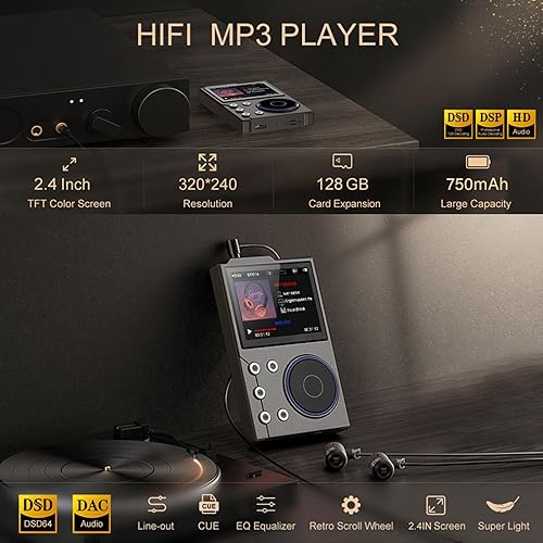 Miniatura 7 de Luqeeg Reproductor de música digital, BT 5.3 sin pérdidas DSD FLAC HD HiFi Reproductor de MP3 portátil, dispositivos de música portátiles, opción