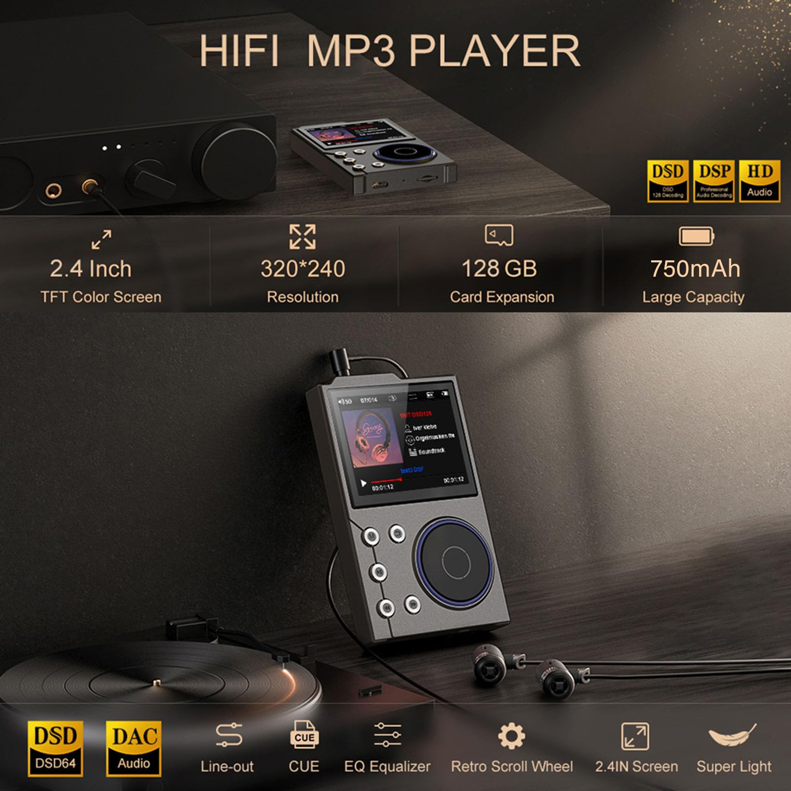 Reproductor Mp3 con Bluetooth, 5.3 sin Pérdida DSD FLAC HD HiFi Música Digital Reproductor de Sonido Registro de Voz de Música USB con Pantalla de Pantalla HD de 2.4 Pulgadas