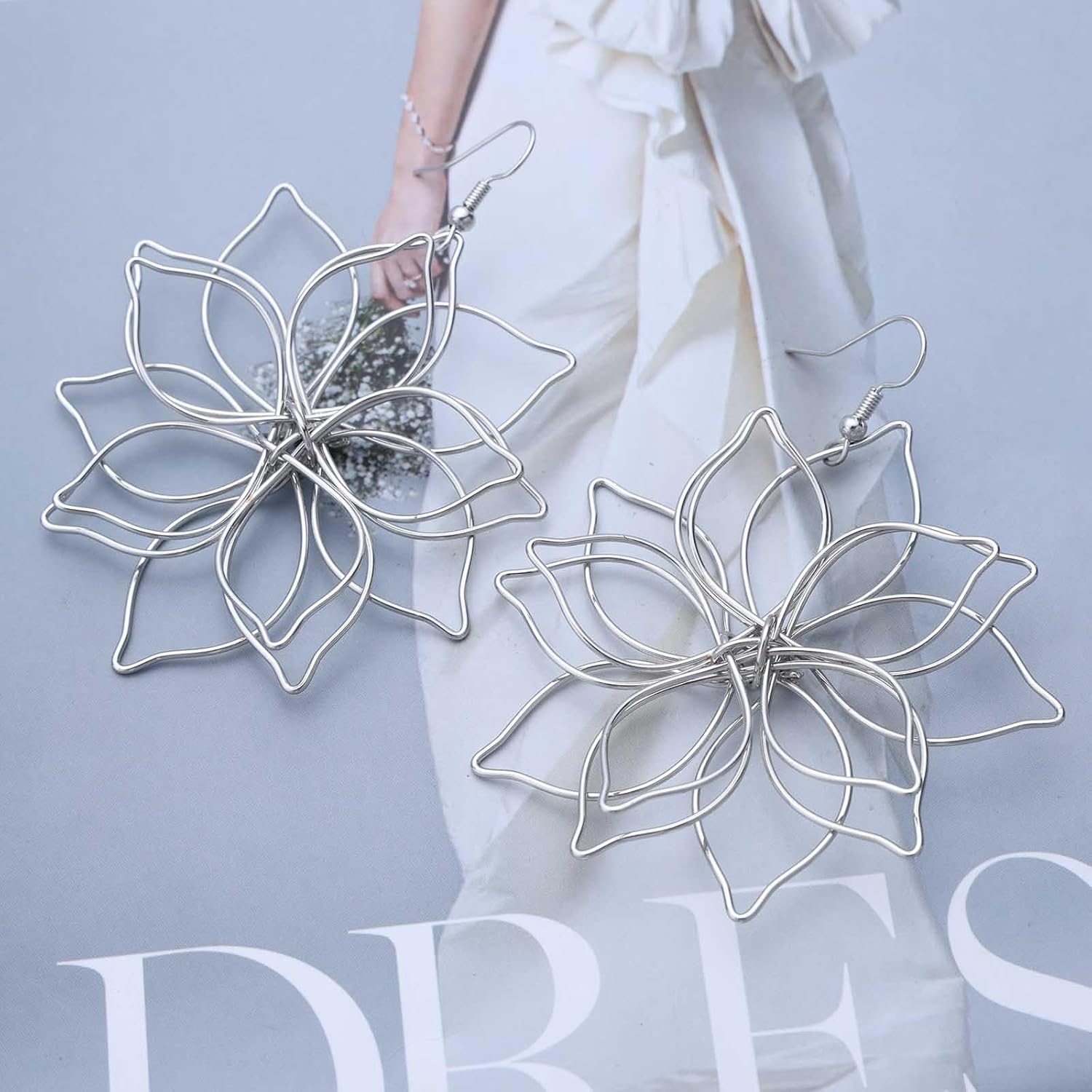 Vintage Hollow Lotus Drop Earrings Large Lotus Dangle Earrings Statement Lotus Flower Earrings Gold Open Flower Exaggerated Earrings for Women - Image 5