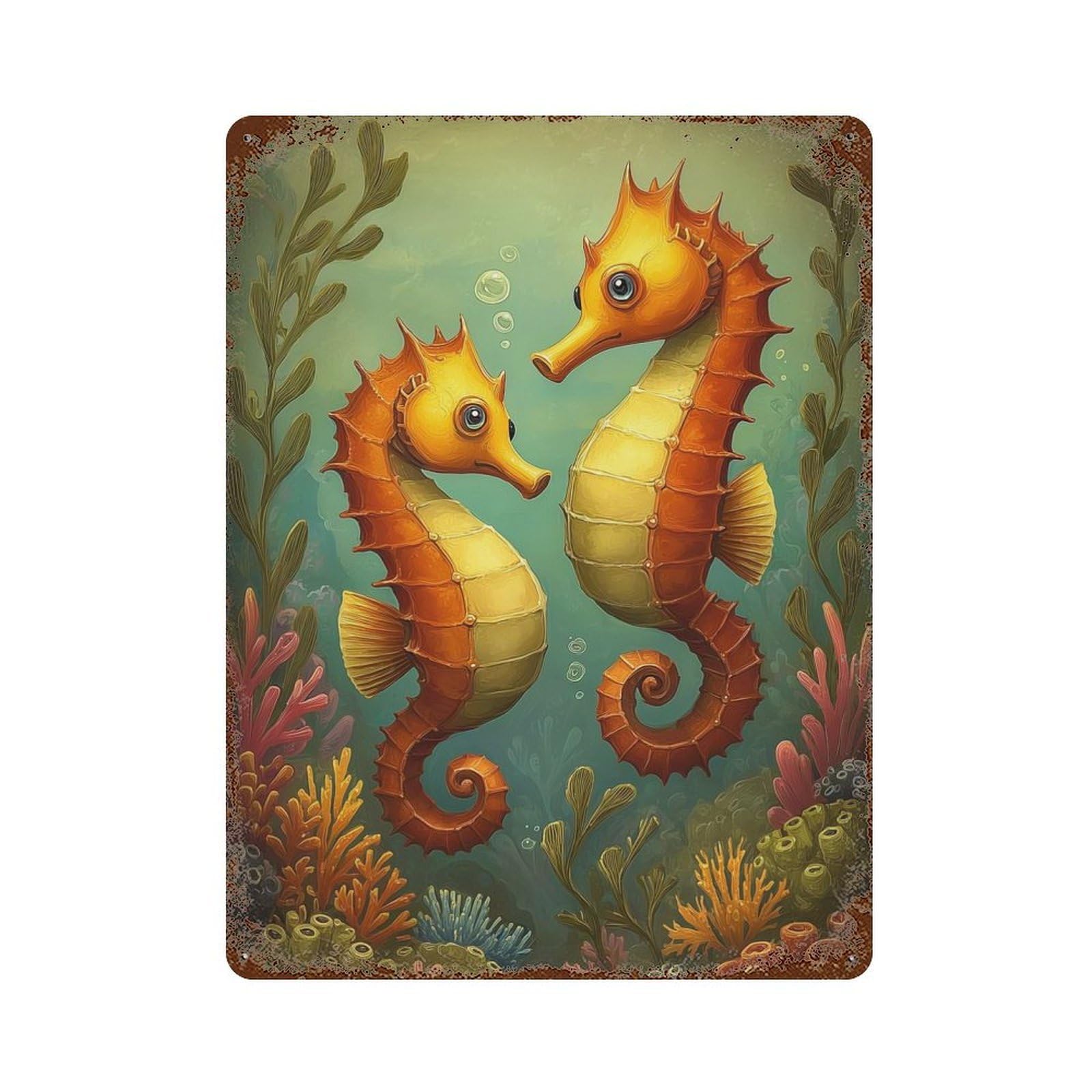 Distressed Metal Wall Sign Two Seahorses in Ocean Scene 15.7"x11.8", Decorative Metal Wall Art for Farmhouse, Kitchen And Entryway Decor