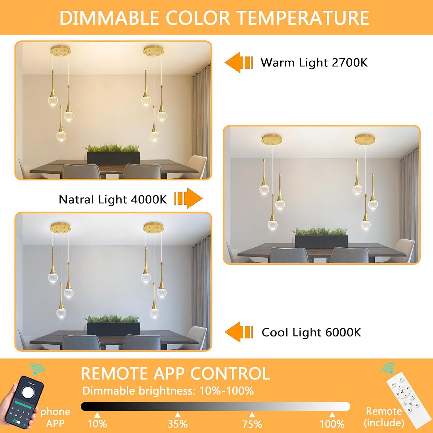Crystal Chandelier for Dining Room Glam 3 Light Cluster Crystal Pendant Light Dimmable LED Chandeliers for Kitchen Island Living Room Gold