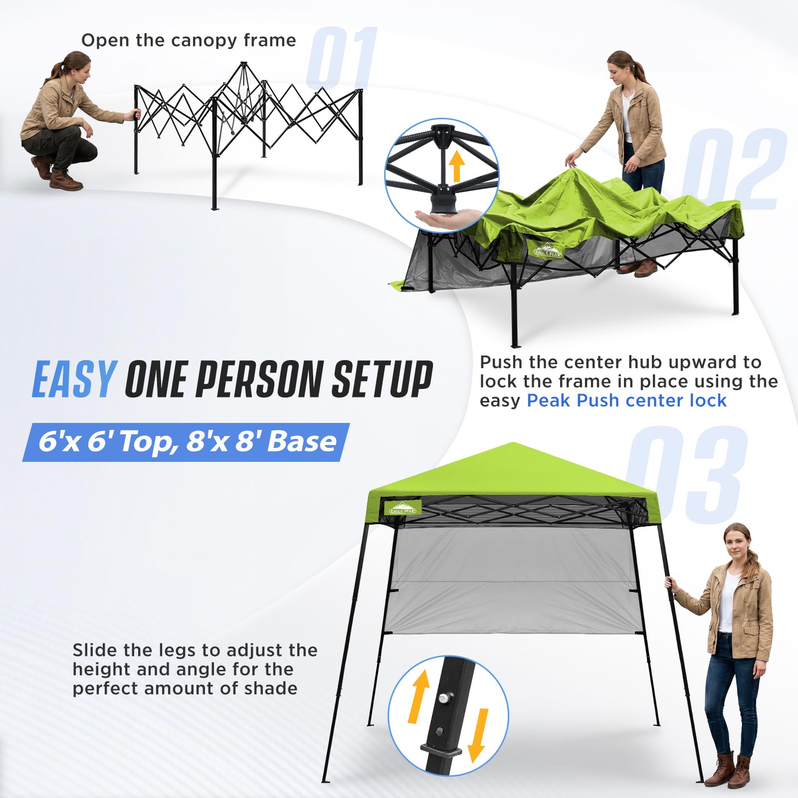 EAGLE PEAK Tente Parasol dépliable 2,4x2,4 m avec paroi latérale, abri Solaire instantané à Pieds inclinés Compact et Portable pour Plage, Sports et Camping, Base 2,4x2,4 m, Sommet 1,8x1,8 m, Vert