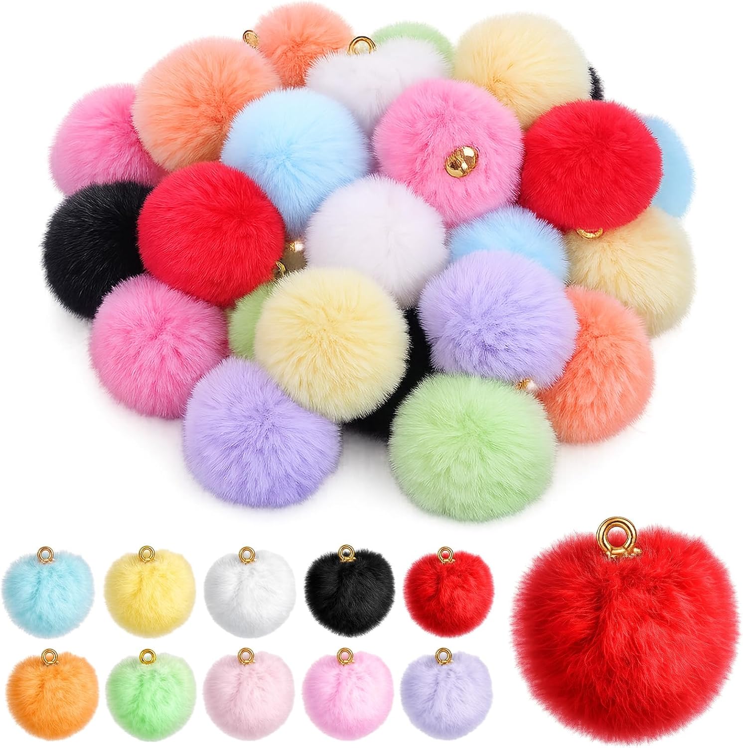 Skrfren 50Pcs Mini Pom Poms Keychain Charm for Crafts 10Colors(0.8 in)