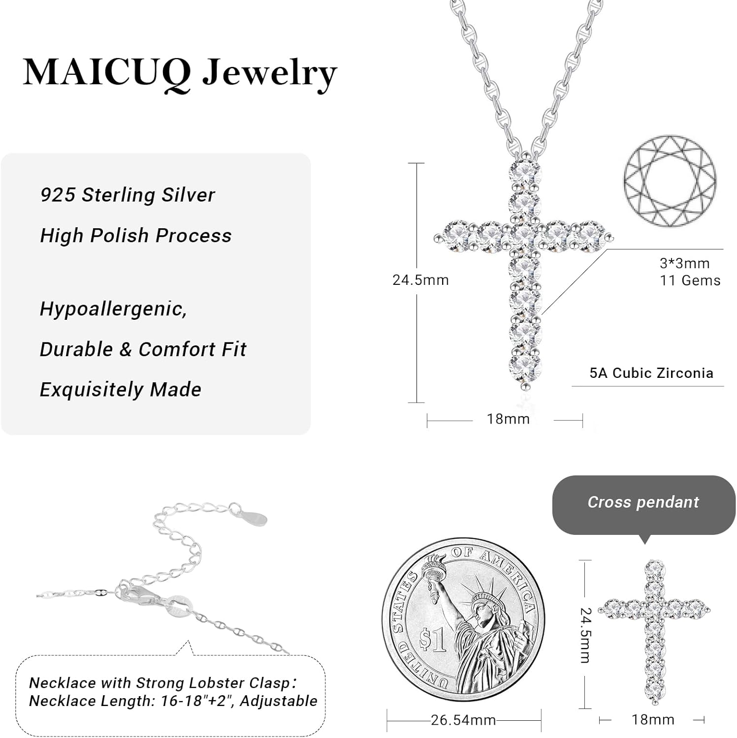 925 Sterling Silver Necklace Cubic Zirconia Cross Necklace for Women Pendant with Chain 16" 18"+2" No Tarnish，Women Jewelry，Send Gift Box Valentine's Day - Image 2