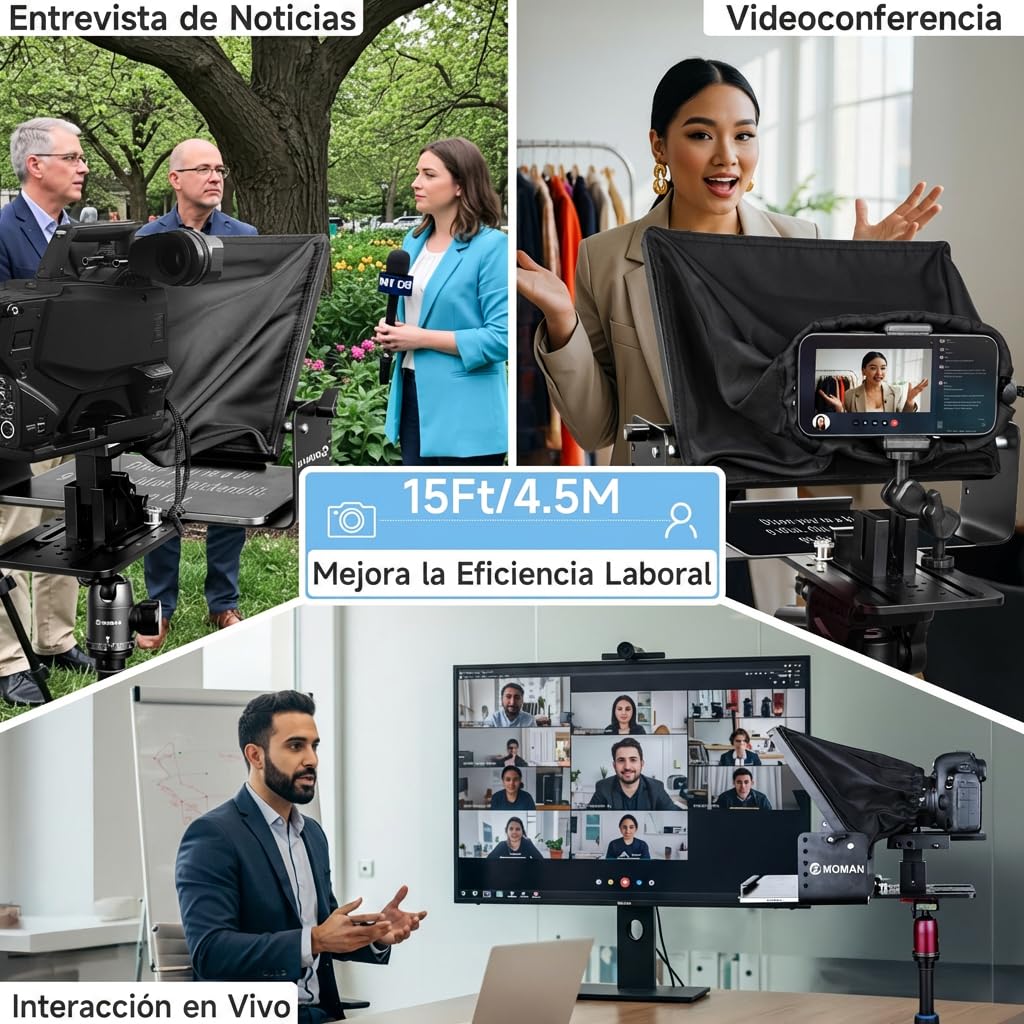 Moman MT12 Teleprompter Metálico de 12,9 Pulgadas, con App Remota y Control Remoto, Soporte Ajustable - Compatible con iPad, iPhone, Tabletas, Smartphones y Cámaras DSLR