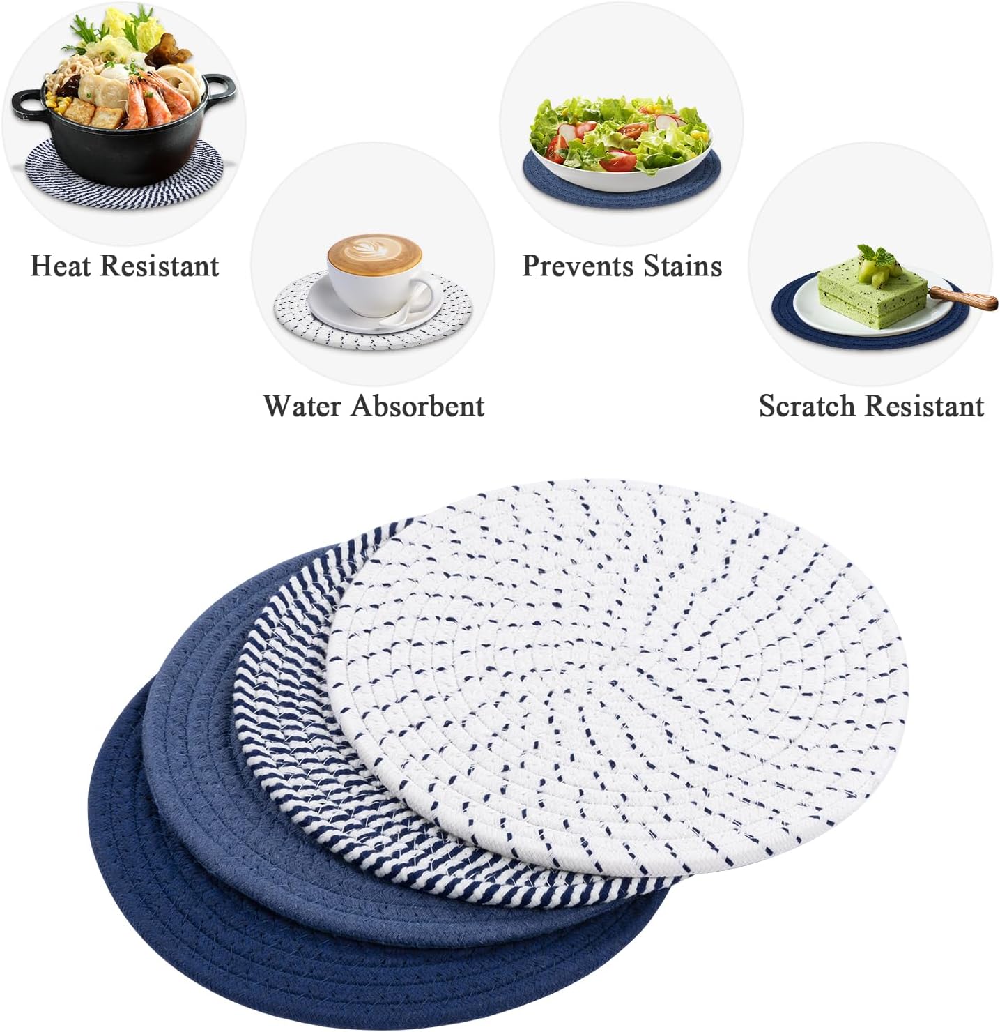 SHACOS 10 Inches Trivets for Hot Dishes, 4 Pieces | Cotton Trivets Mats for Kitchen, Hot Pads for Countertops and Table, Heat-Resistant Pot Holders for Hot Pots and Pans, Blue