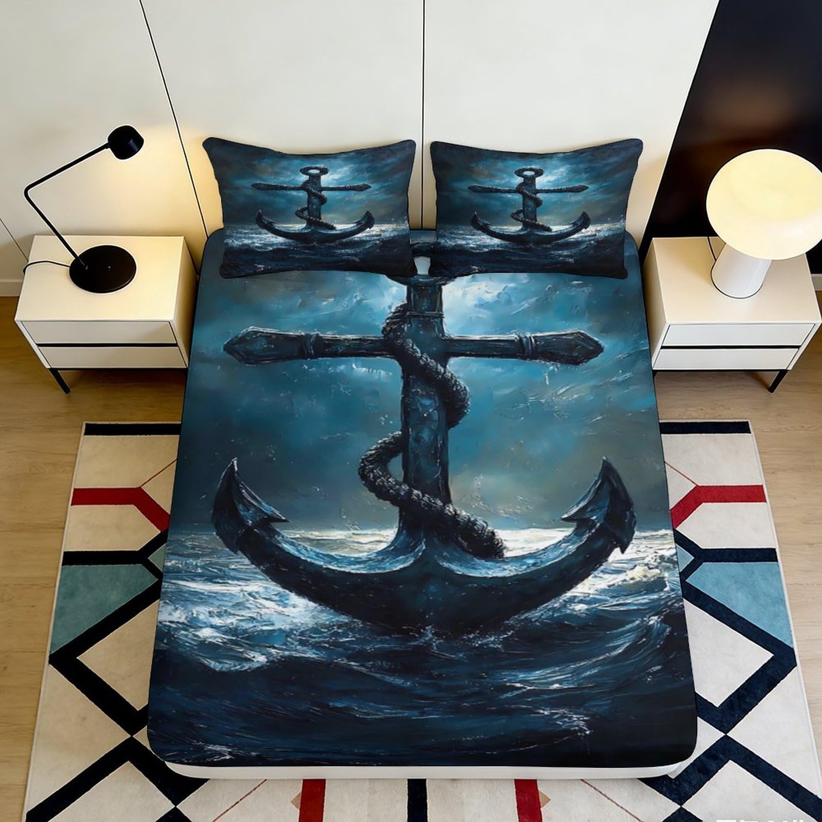 Pnayamiorkfel Style-4 3D Printed Ocean Anchor Fitted Sheet Microfiber Non-Slip Deep Blue Nautical Bed Cover For Bedroom Guest Room Decor 90X200x25cm