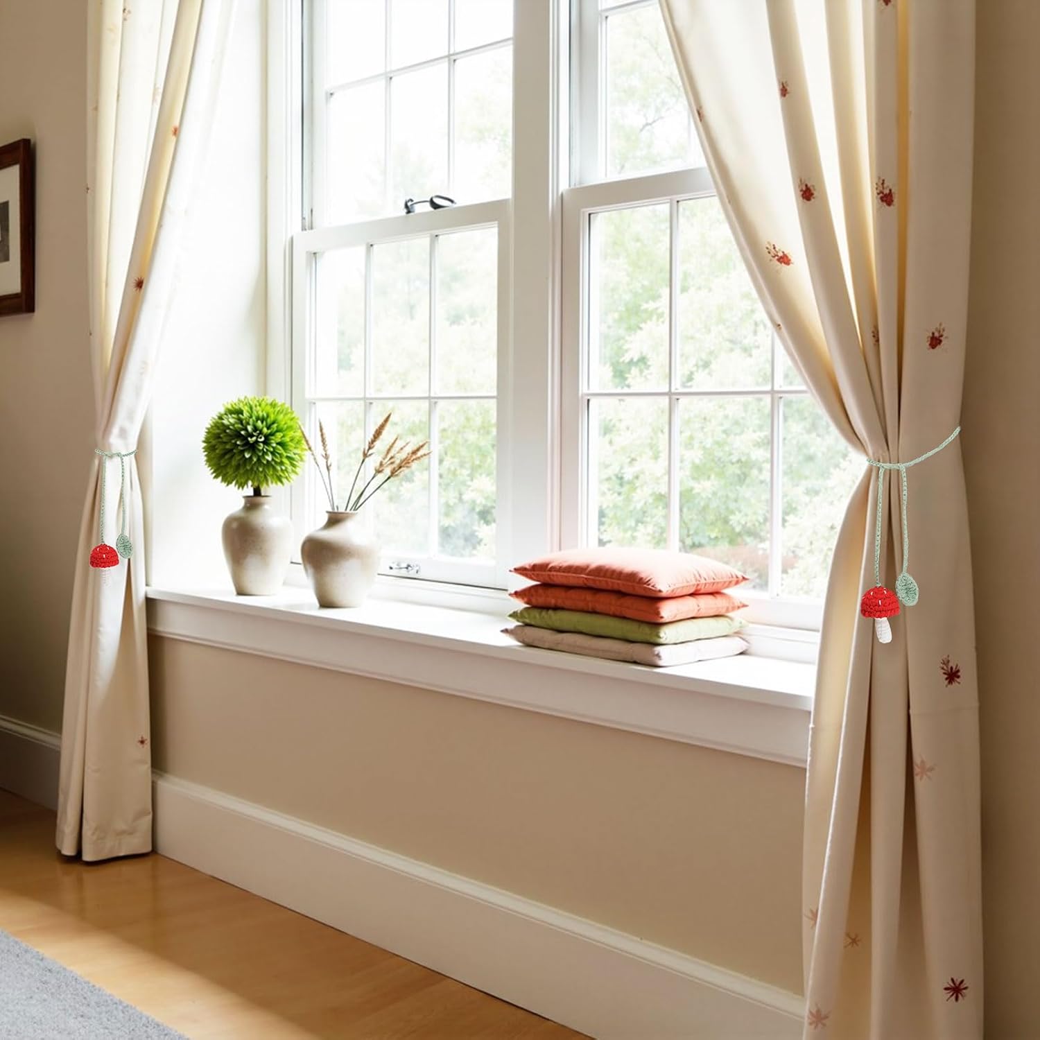 Mushroom Curtain Tieback 4Pcs Window Drape Rope Holdbacks with Mushroom and Leaf Decor Cute Handmade Crochet Curtain Ties for Home Office