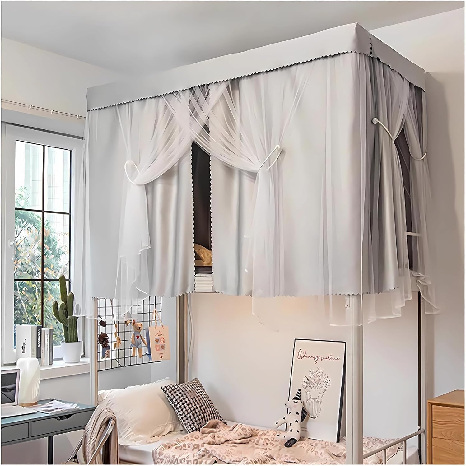 Canopy Curtains for Bunk Beds - Student Dorm Bed Canopy Tent for 4 Corner Canopy Beds, Ideal for College Dorms and Kids' Rooms, Twin Top Bunk Bed Support
