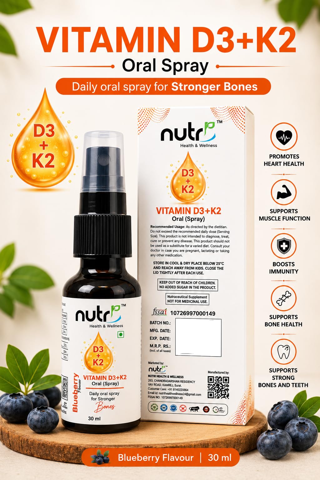 Nutri Health & Wellness Vitamin D3 + K2 Oral Spray, Blueberry Flavour, 30ml | Vitamin D3 600 IU & Vitamin K2 55mcg Per Serving | Sugar Free | Vegetarian Daily Nutritional Supplement — Amazon image 2