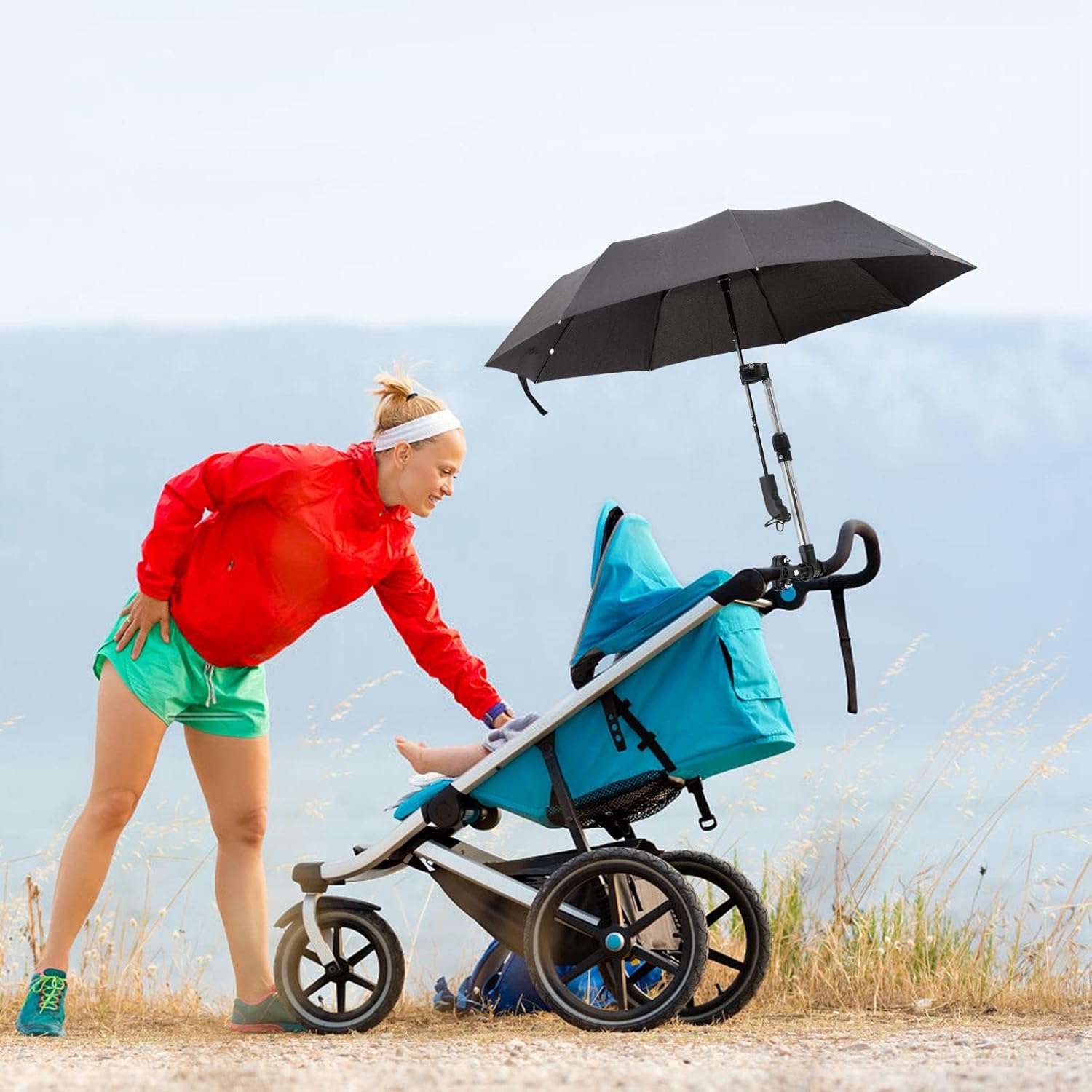 Umbrella Holder for Chair, Stainless Steel Bicycle Baby Stroller Umbrella Stand Retractable 360 Degree Adjustment Clip Mount Frame Handle Connector for Bike Stroller MBC Pram