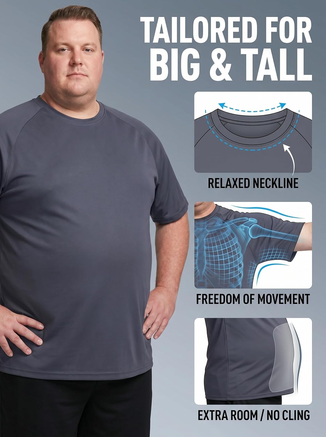 3 Pack Men’s Big & Tall Short Sleeve Dry Fit Crew Neck T-Shirt Gym Workout Athletic Running Tee (XL-5XL)