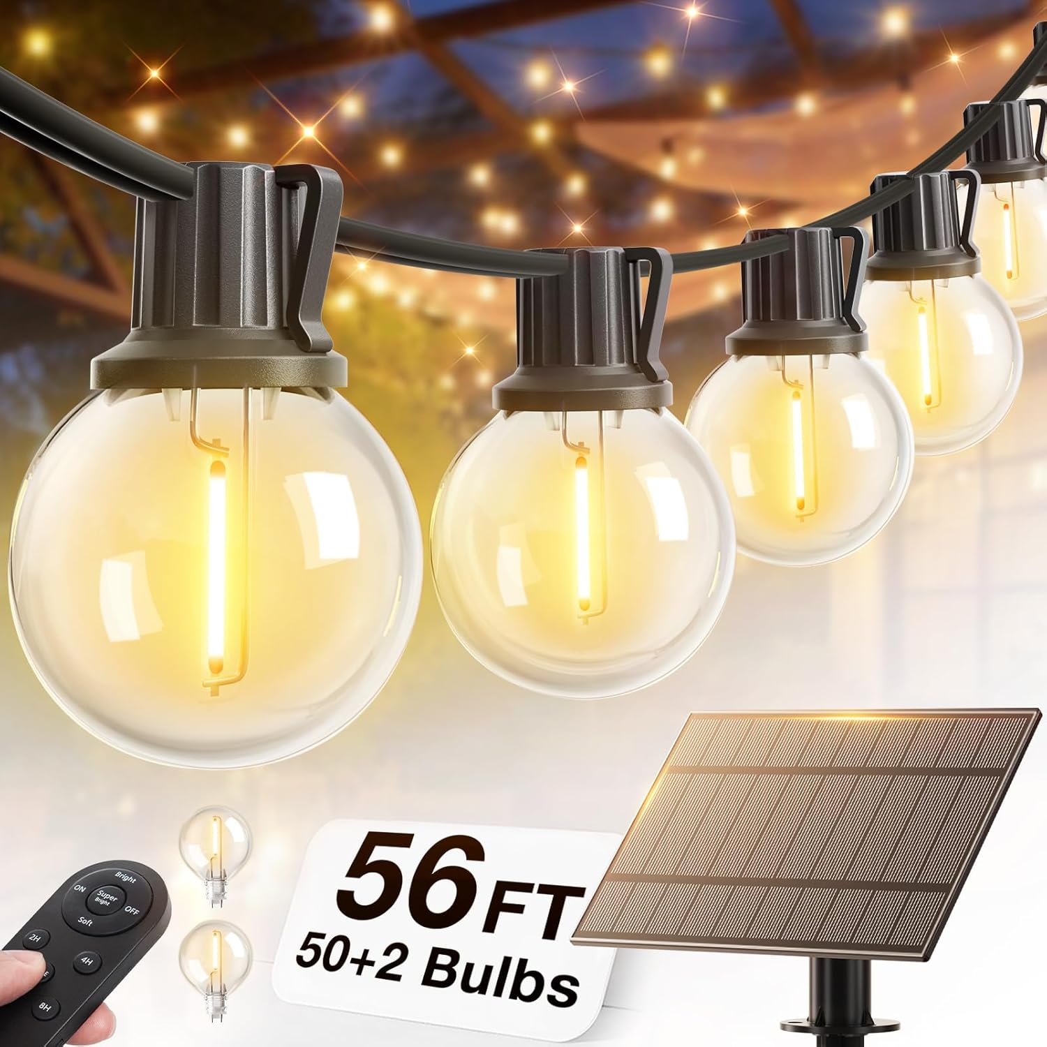 addlon 56FT(50+6) Solar String Lights Outdoor with 1FT Bulb Spacing, 50+2 Commercial G40 LED Bulbs, Solar & USB Charging, Remote, Timable, Dimmable Waterproof Patio Lights for Balcony, Porch, Yard