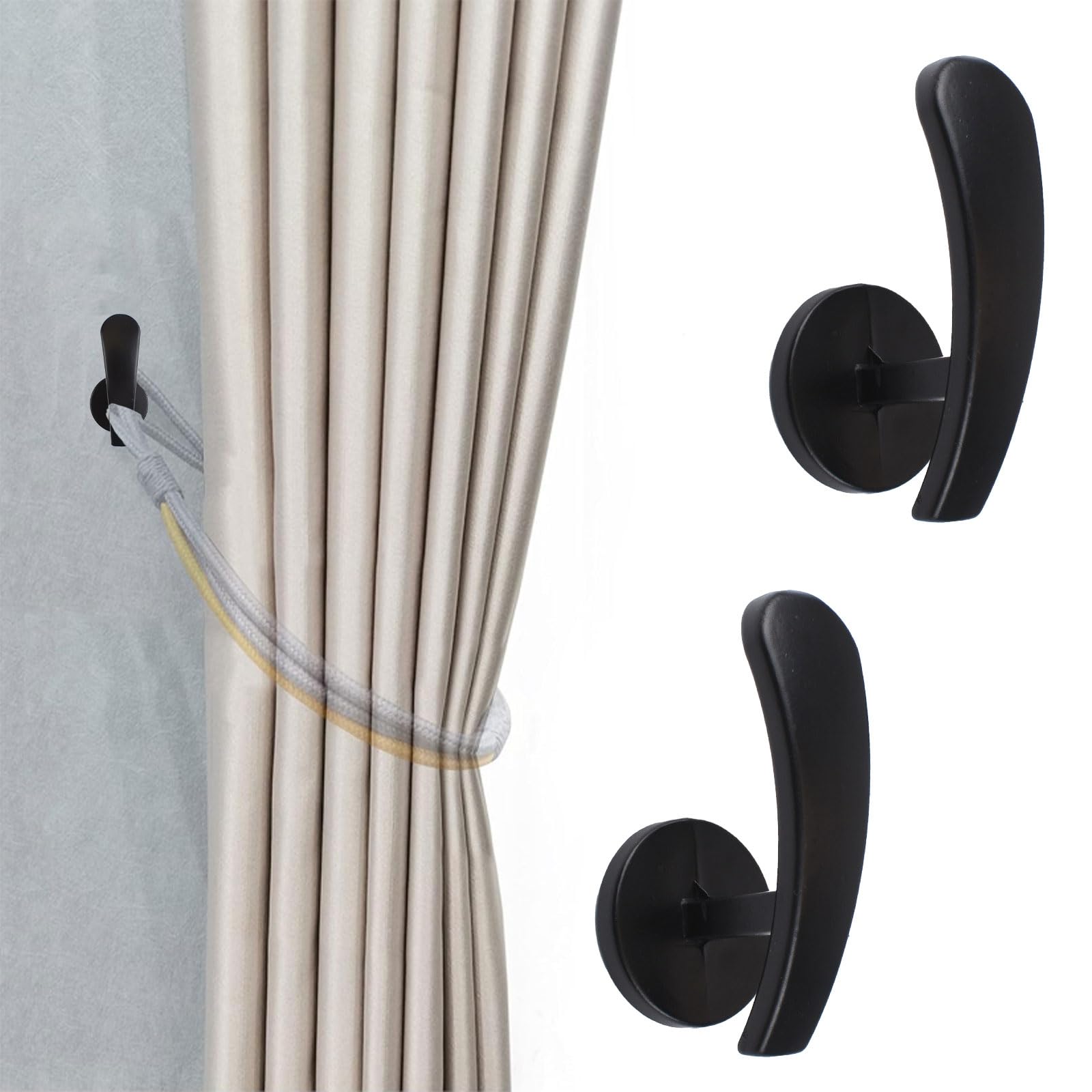 INCREWAY Curtain Holdbacks, 2PCS Self Adhesive Wall Mounted Drapery Tieback Storage Holders Non-Trace Stick Metal Wall Hook Curtain Hooks Hanger for Home Decor, Black