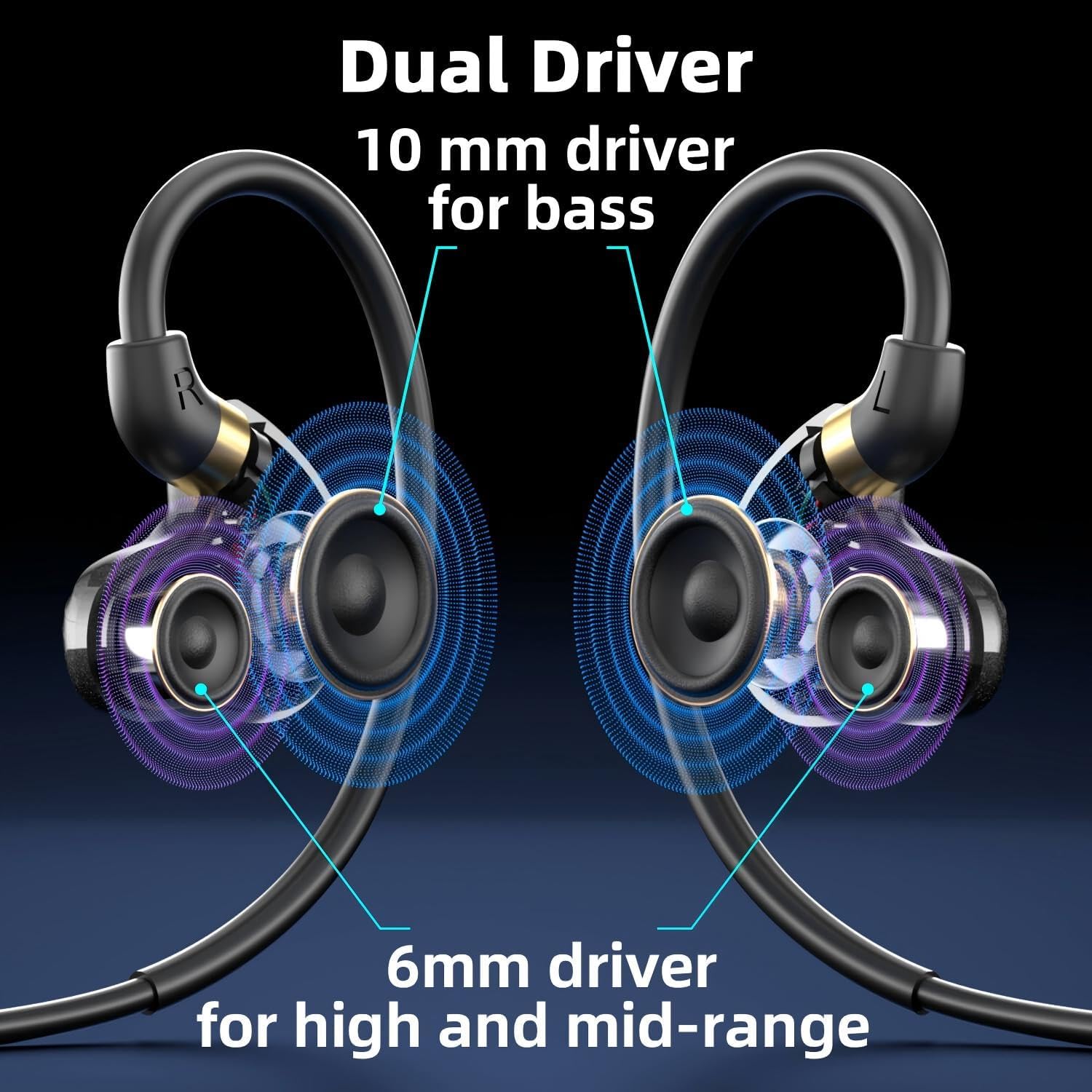 Wired Earbuds Dual Driver Extra Bass, in Ear Buds Headphones with Hook Wrap Around Over Ear, 3.5mm Jack 1.2m Tangle-Free Braided Cord Earphones with Mic for Laptop Tablet Phone MP3 Player