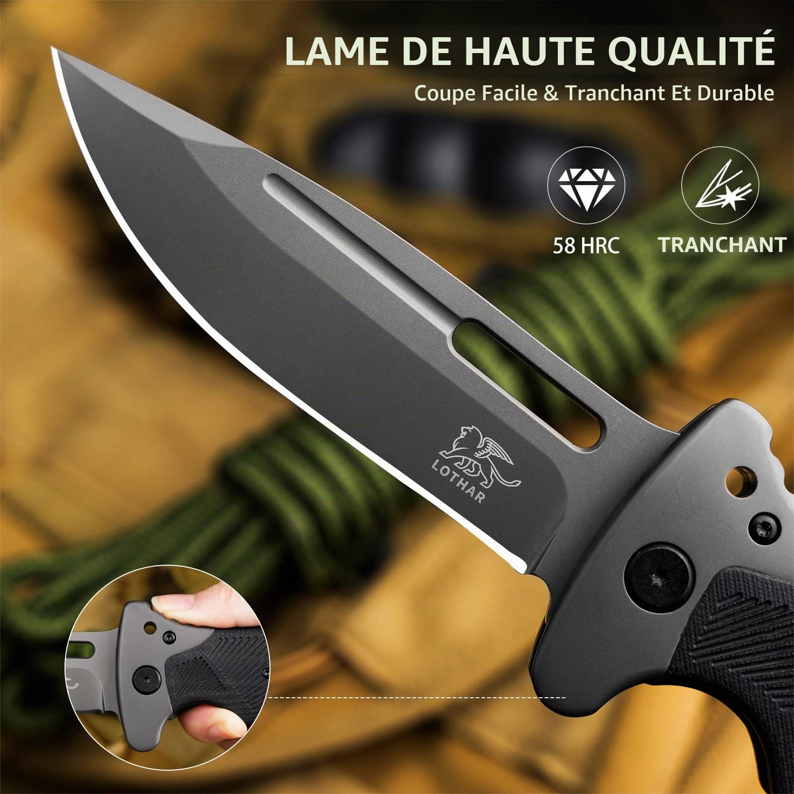 LOTHAR RHINO Couteaux pliants, Couteaux de poche Tranchants Outdoor, Couteaux Outdoor Avec Manche G10, Couteaux de Survie, Couteaux de Camping XINIU
