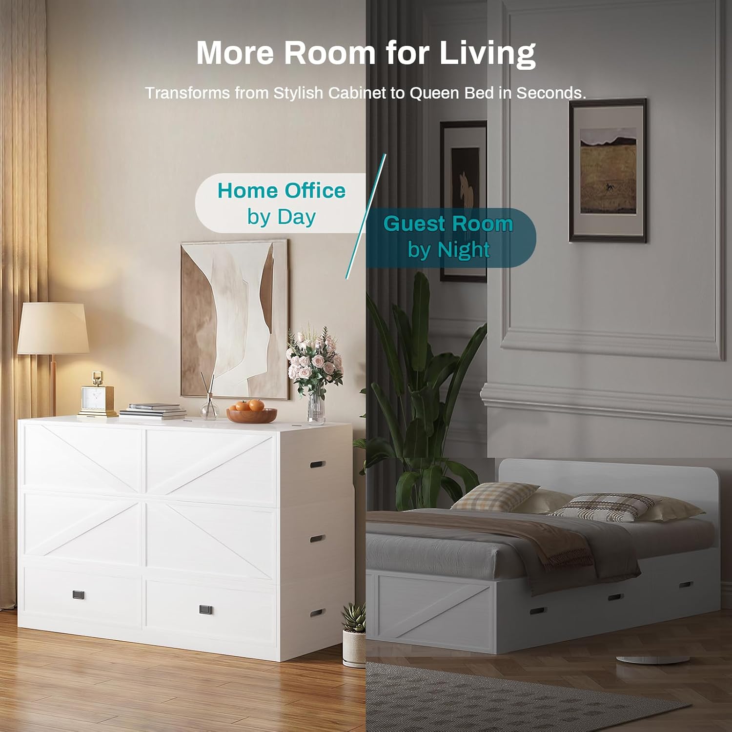 BALUS Murphy Bed, 3-in-1 Convertible Cube Cabinet Bed with Upholstered Sofa, Queen Wall Cabinet Beds with Memory Foam Mattress Includes & 2 Storage Drawers for Guest Room Apartment, White