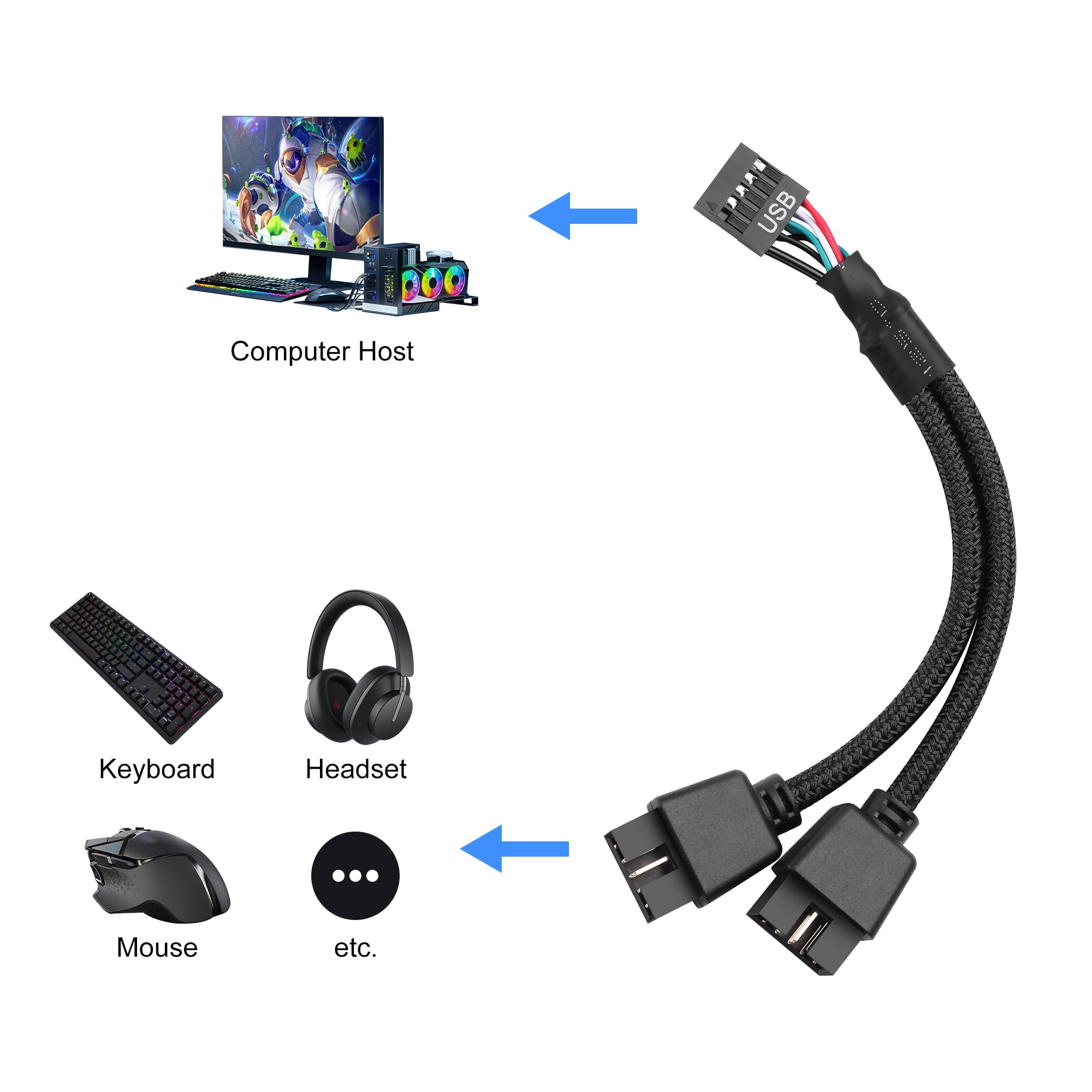 Cavo Splitter USB 2.0 9 Pin Per Scheda Madre - Doppio Maschio A 9 Pin - Nylon Intrecciato 15 Cm - PNGKNYOCN