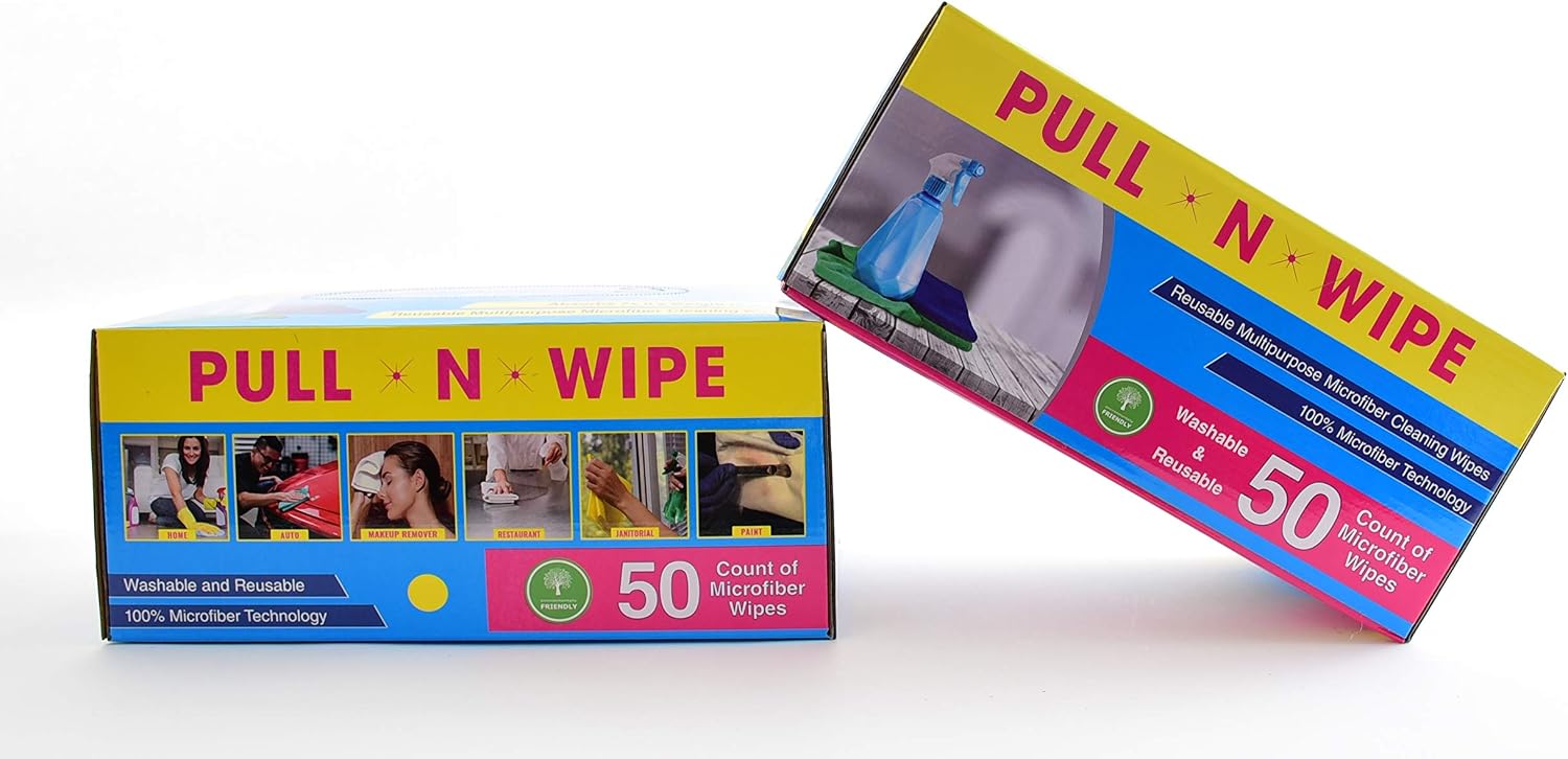 Pull N Wipe 79089 Edgeless Technology Microfiber Cloths, 2 Free Dispenser Boxes, 12"x12", Blue/Yellow, 100 Pack