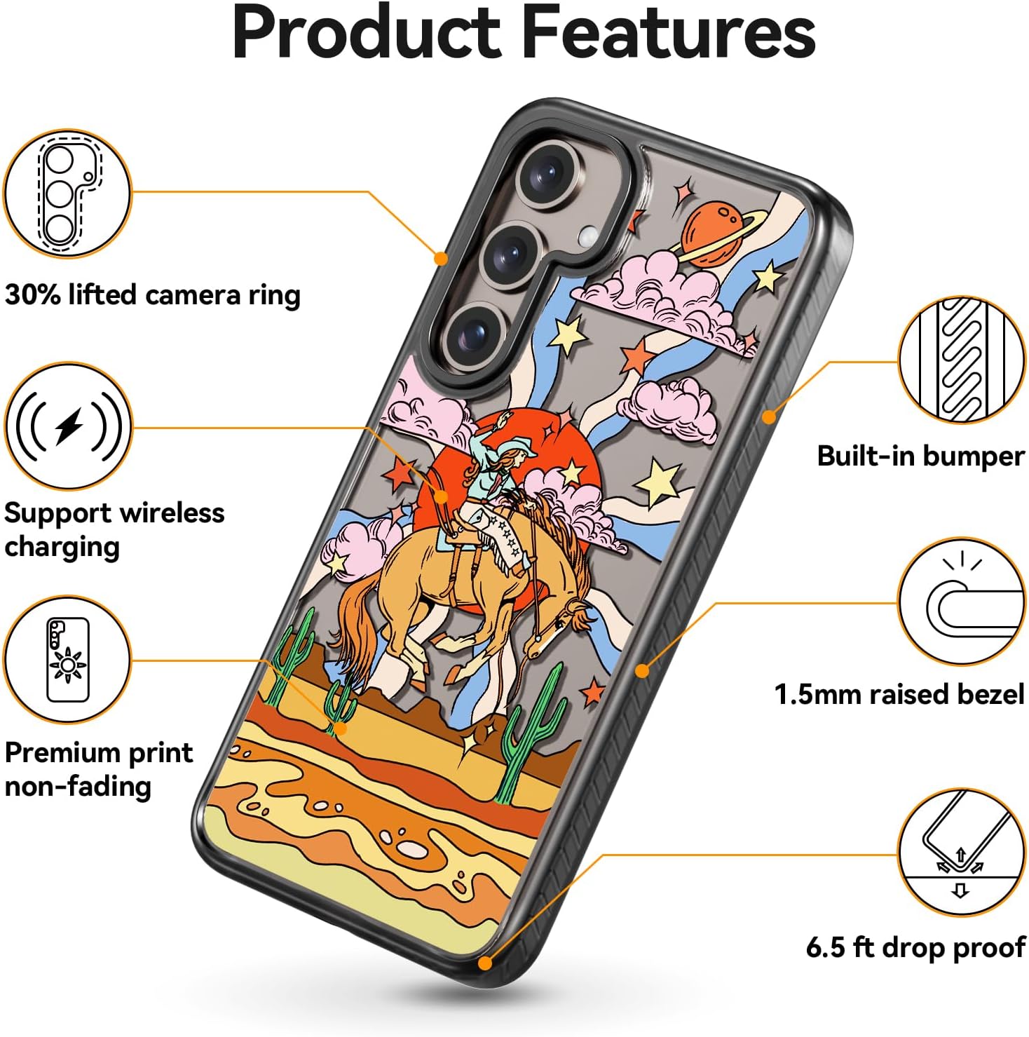 Rosarnnah Compatible for Samsung Galaxy S24 Case Cute Aesthetic - Durable Shockproof 6.6 ft Drop Impact Phone Case Cover with Funny Fashion Cowboy Design 6.2" Black