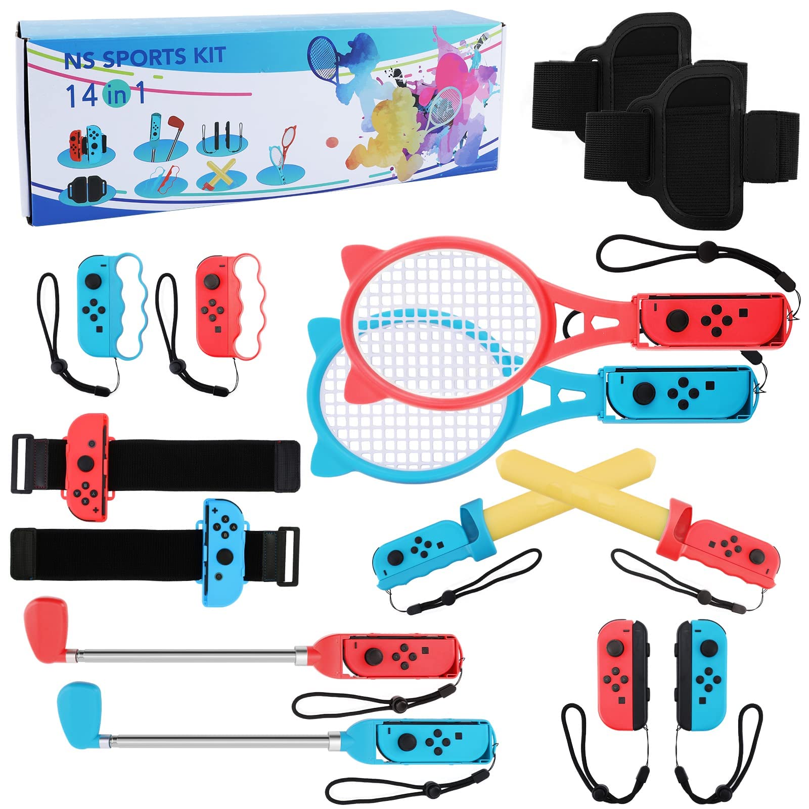 MAKINGTEC 14 in 1 Switch Sport Games Accessories Bundle for Nintendo Switch Games, Including Tennis Rackets Swords Golf Clubs Grips Boxing Grips Leg and Wrist Straps