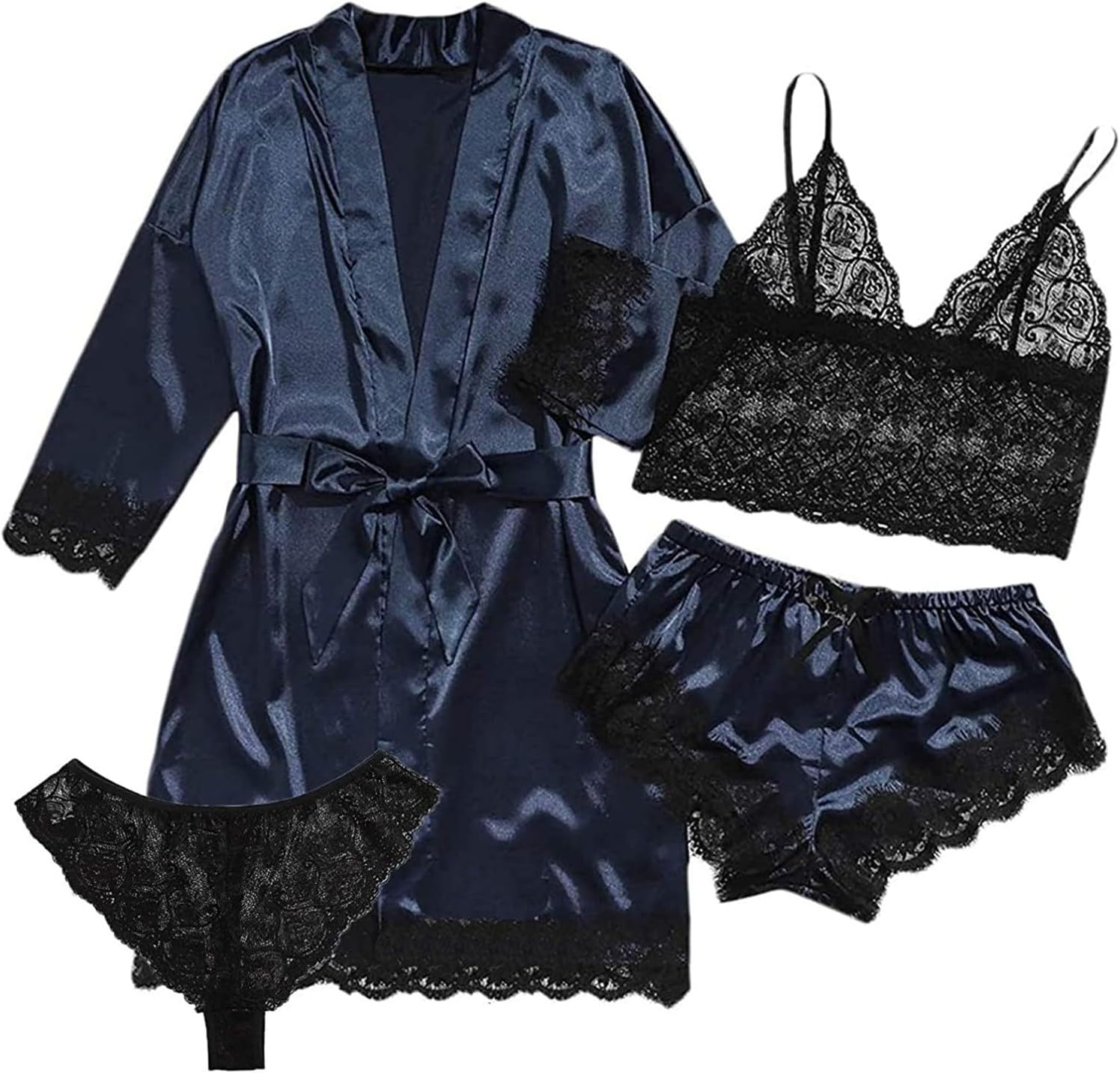 Womens Silk Pajamas Robes Set 4PACKS Sexy Pjs Cami Shorts Satin Sleepwear Lace Loungewear (Navy Blue, Medium)