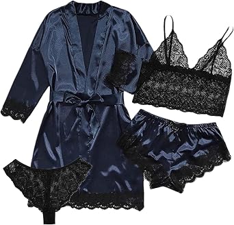 Womens Silk Pajamas Robes Set 4PACKS Sexy Pjs Cami Shorts Satin Sleepwear Lace Loungewear Navy Blue, Medium