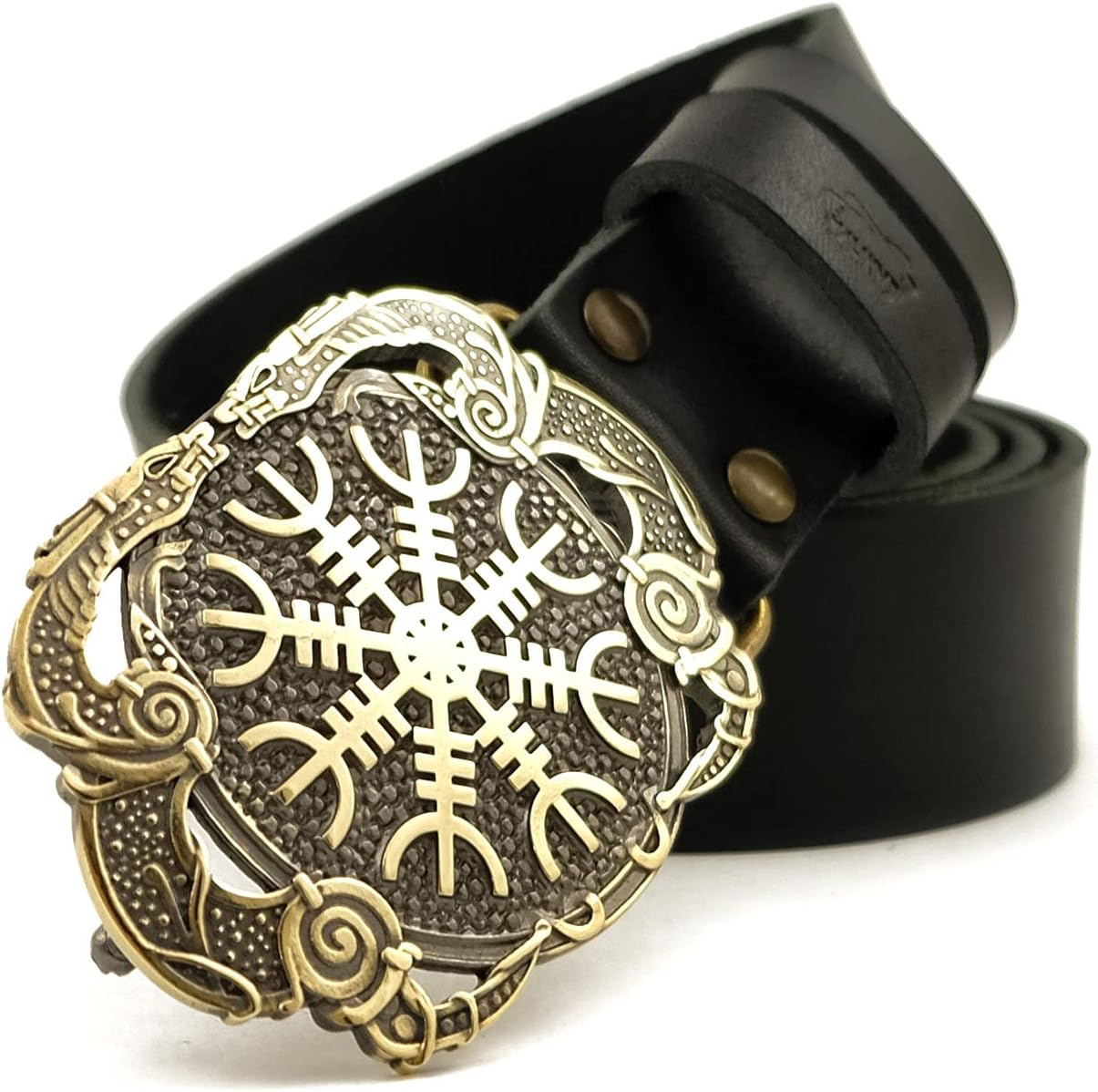 Leather belt with Helm of Awe buckle, Viking Helm of Terror Old Norse Scandinavian Viking Pagan military belt with solid brass buckle