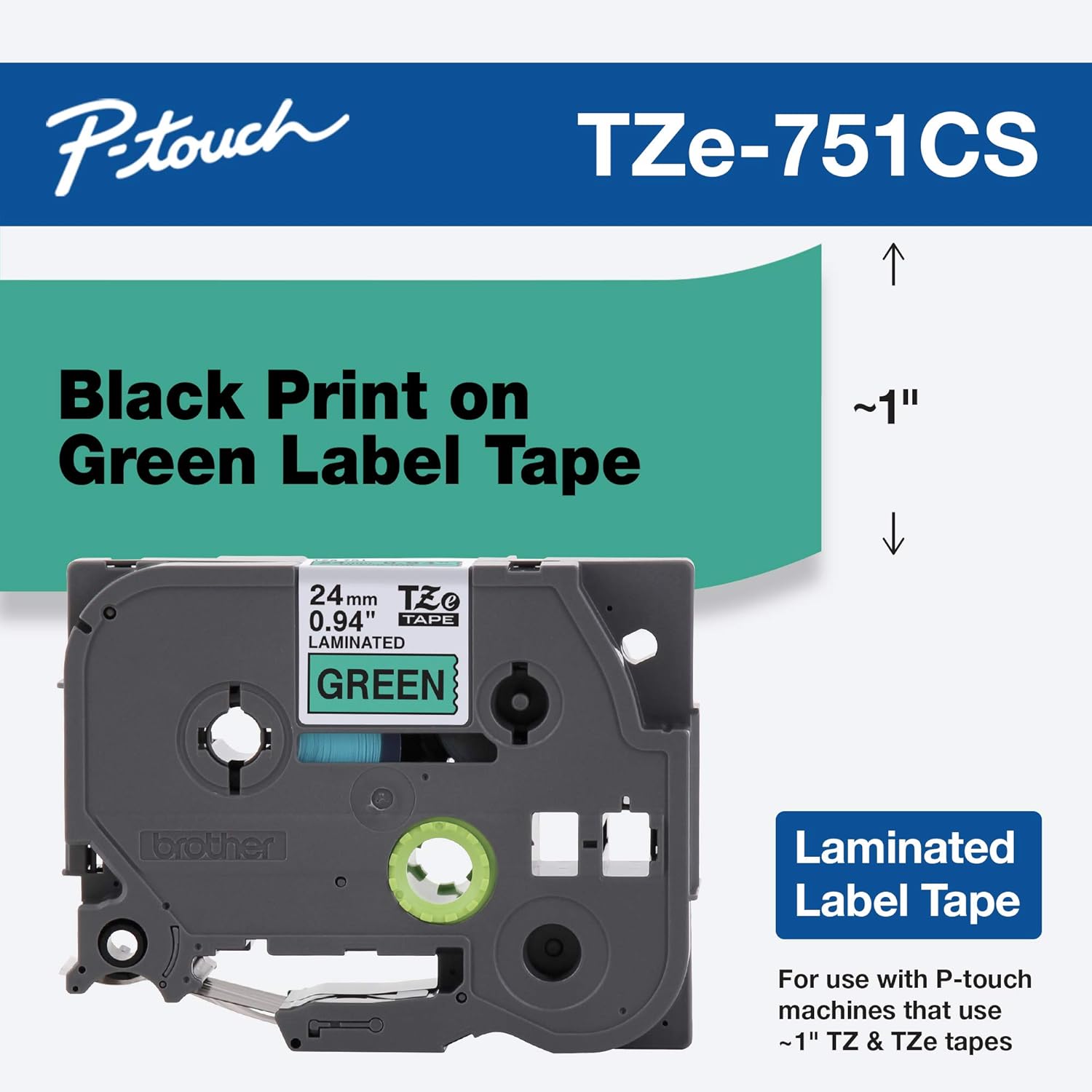 Brother Genuine P-touch, TZe-751CS, 0.94” x 26.2’, Black on Green Laminated Label Tape : Electronics